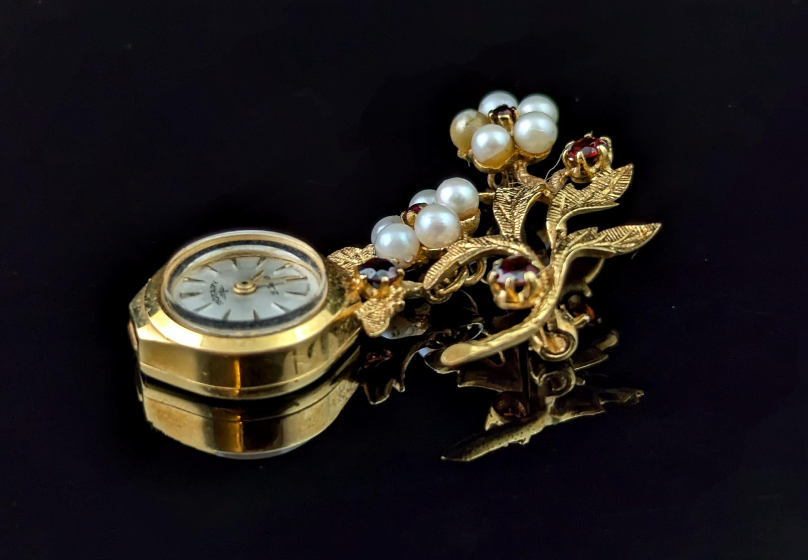 Round Cut Vintage 9k gold Ladies Rotary pendant watch, floral, Garnet and Pearl brooch For Sale