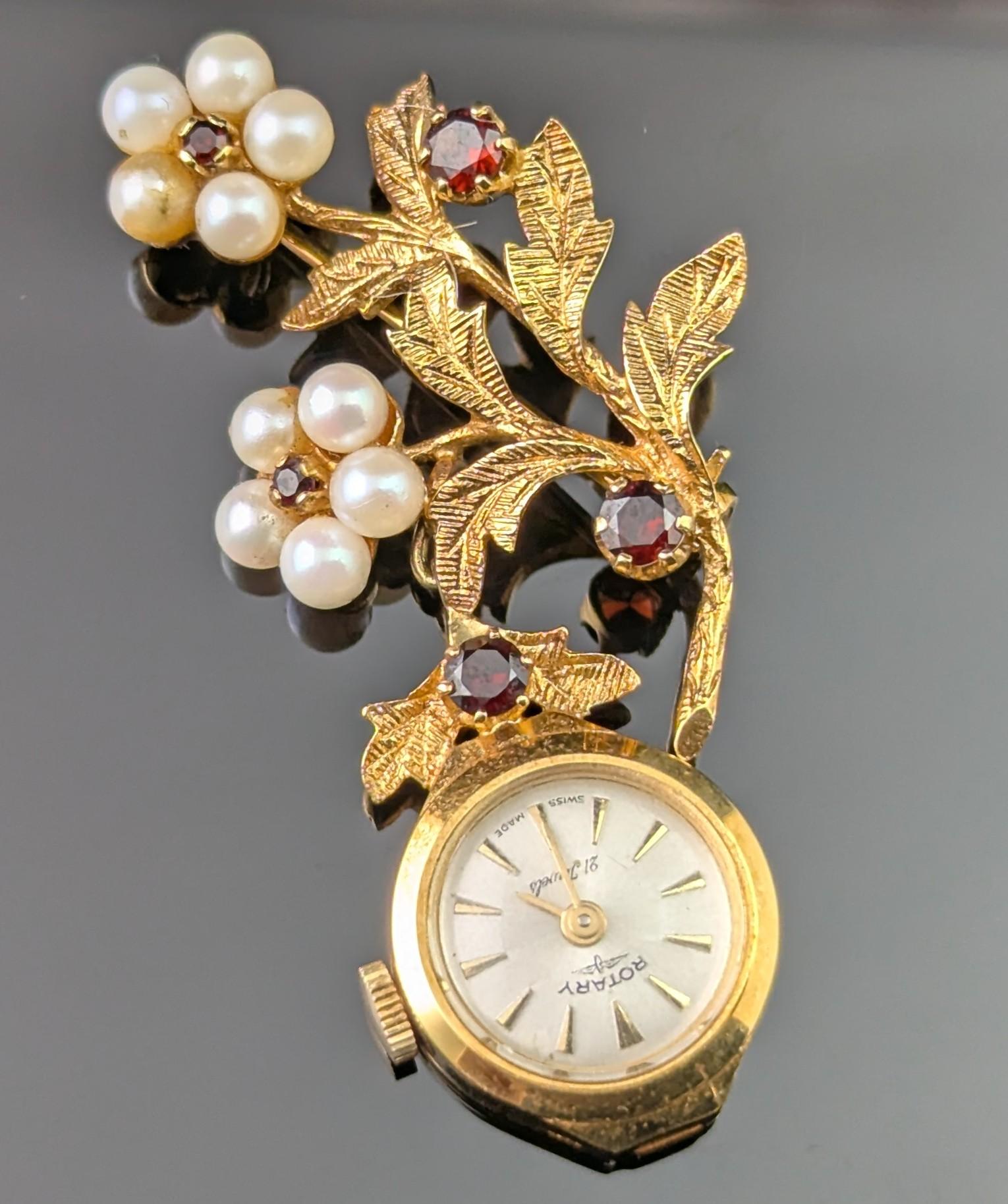 Vintage 9k gold Ladies Rotary pendant watch, floral, Garnet and Pearl brooch In Good Condition For Sale In NEWARK, GB