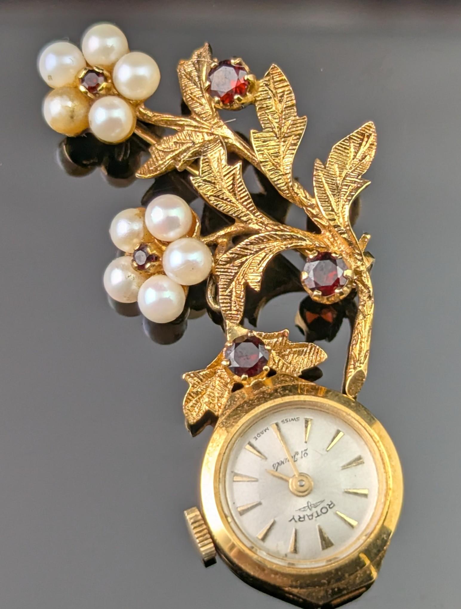 Women's Vintage 9k gold Ladies Rotary pendant watch, floral, Garnet and Pearl brooch For Sale