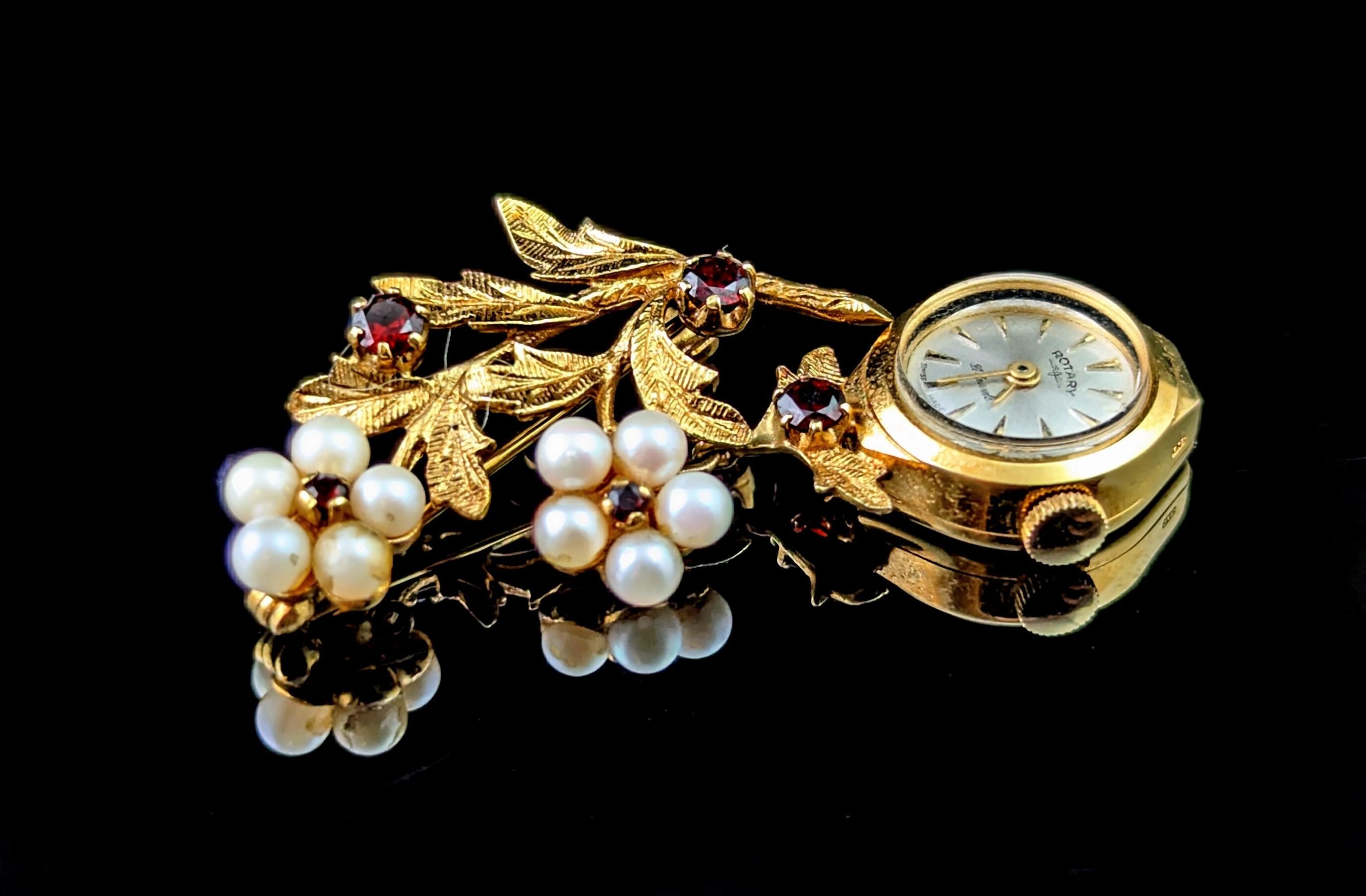 Vintage 9k gold Ladies Rotary pendant watch, floral, Garnet and Pearl brooch For Sale 1