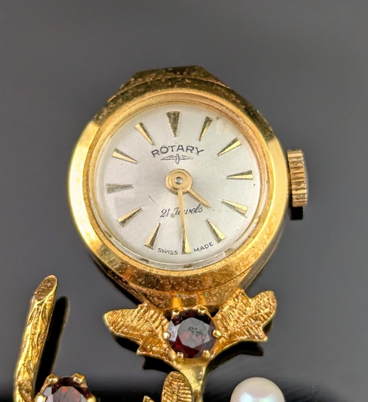 Vintage 9k gold Ladies Rotary pendant watch, floral, Garnet and Pearl brooch For Sale 2