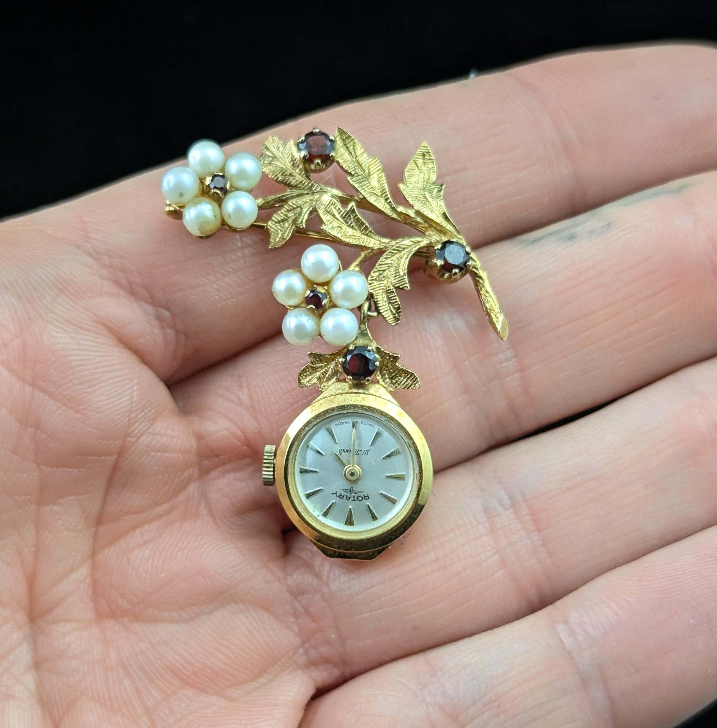 Vintage 9k gold Ladies Rotary pendant watch, floral, Garnet and Pearl brooch For Sale 3
