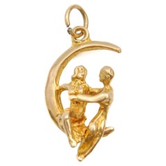 Retro 9K Gold Movable Love Couple Crescent Charm Pendant