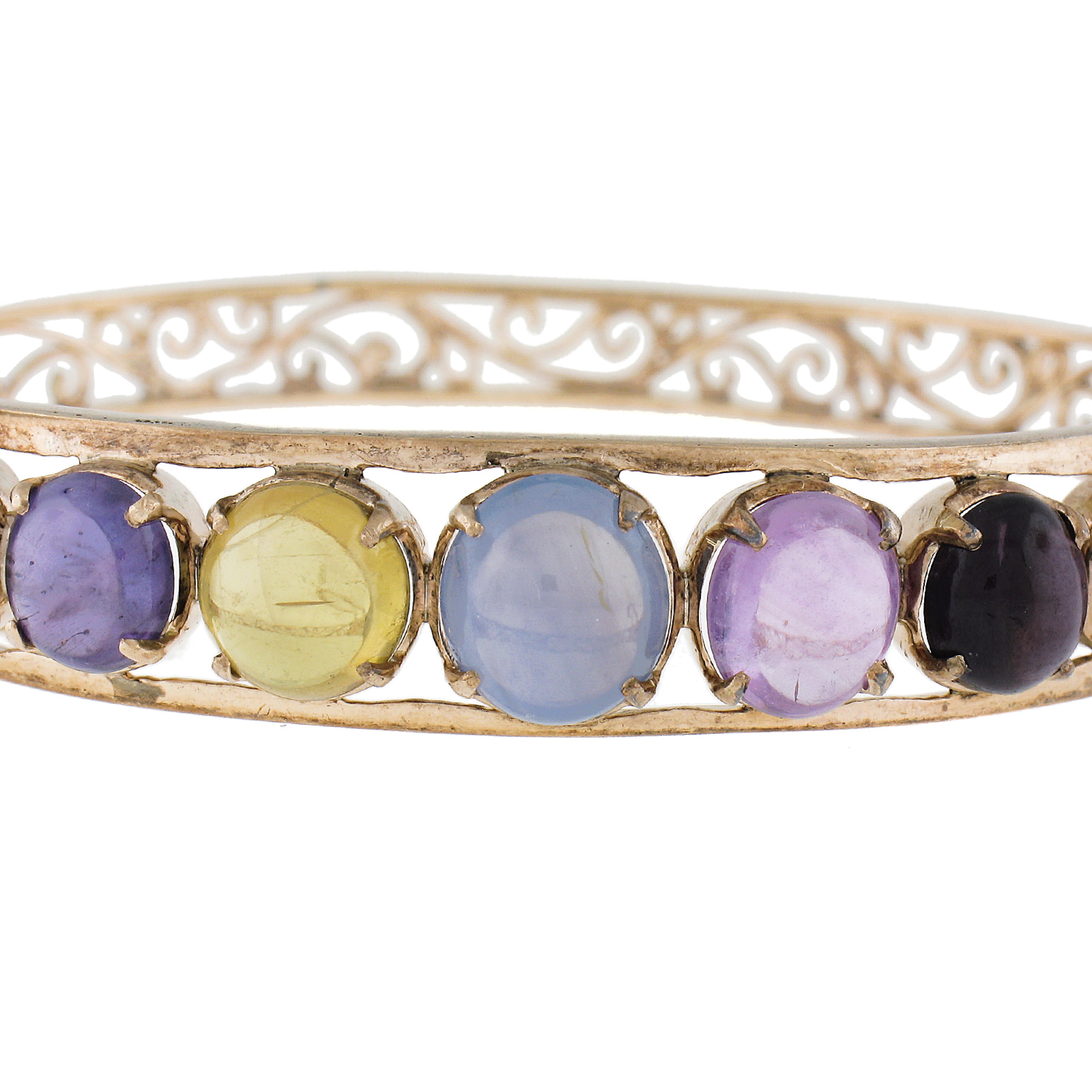 Vintage 9k Gold Multi bunte Steine w / Stern Saphir offene Arbeit Armreif Armband Damen im Angebot