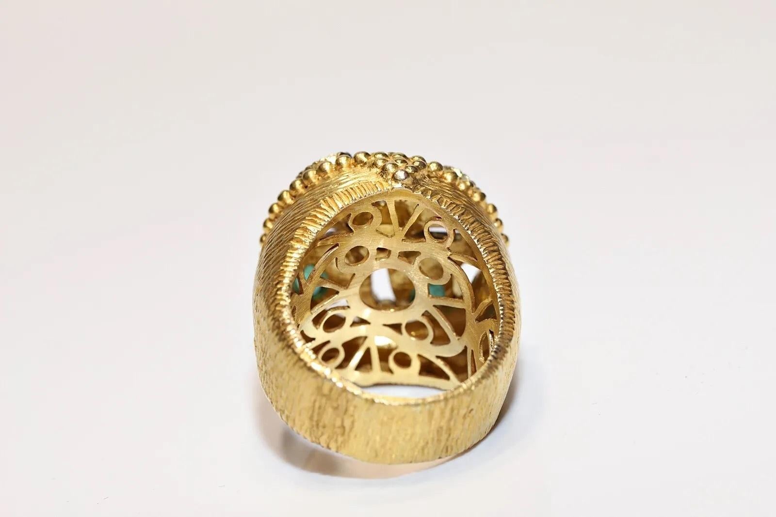 Rose Cut Vintage Circa 1990s Handcrafted 9k Gold Natural Diamond And Emerald Tank Ring For Sale