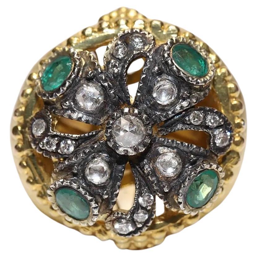 Vintage 9k Gold Natural Rose Cut Diamond And Emerald Strong  Ring For Sale