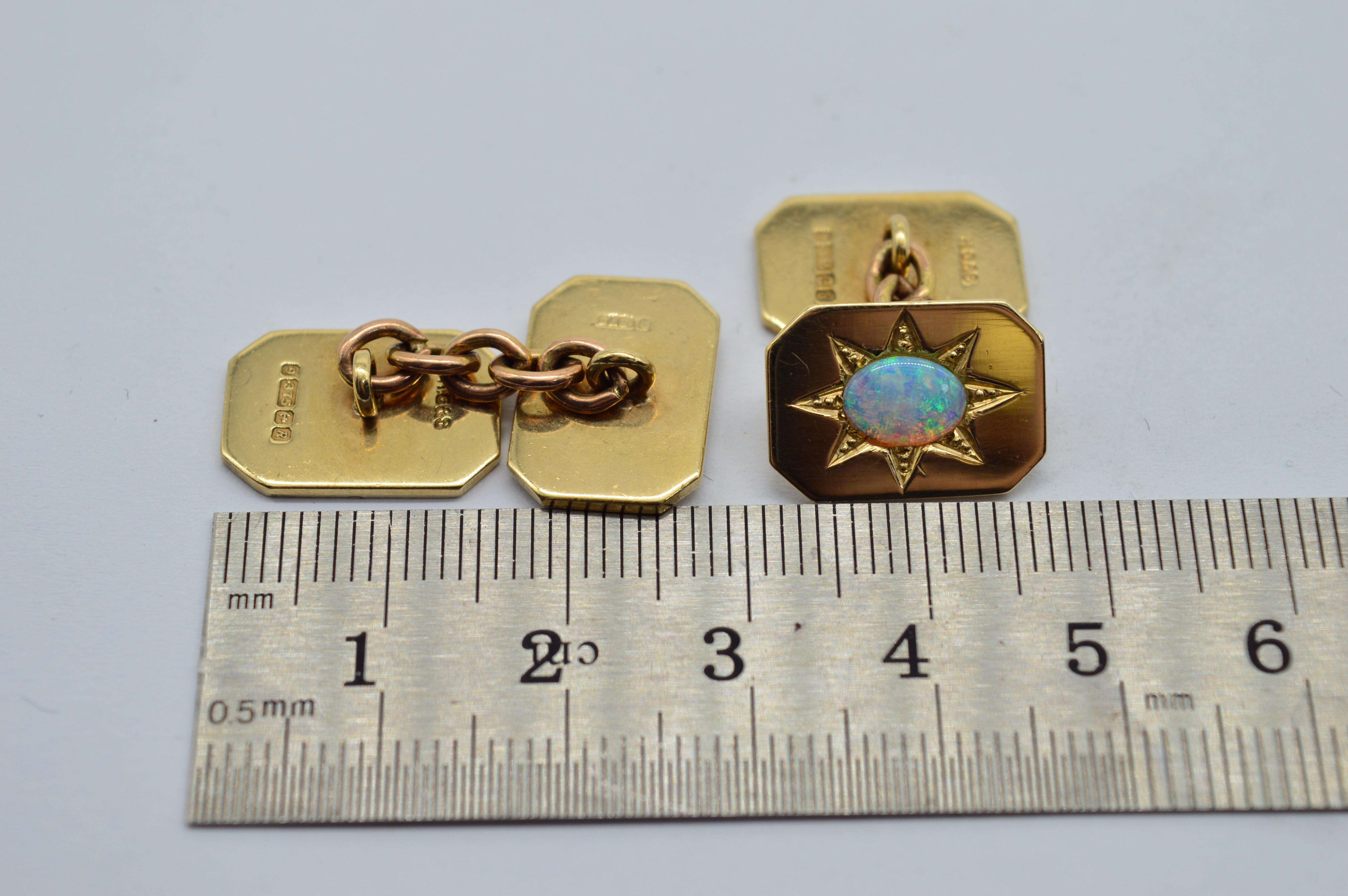 Vintage 9K Gold Opal Brutalist Art Deco Diamond Cut Luxury Statement Cufflinks For Sale 2