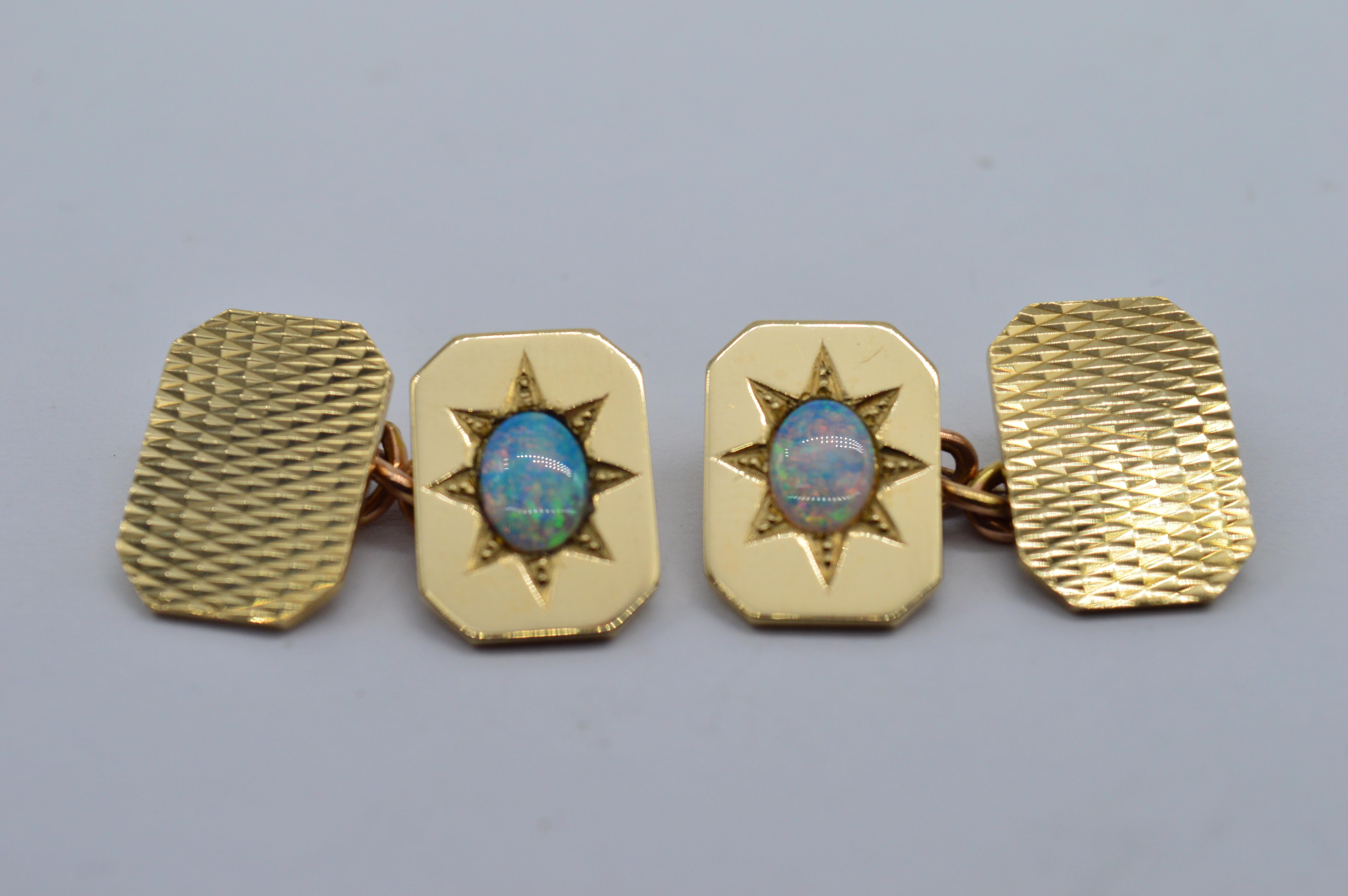 Cabochon Vintage 9K Gold Opal Brutalist Art Deco Diamond Cut Luxury Statement Cufflinks For Sale