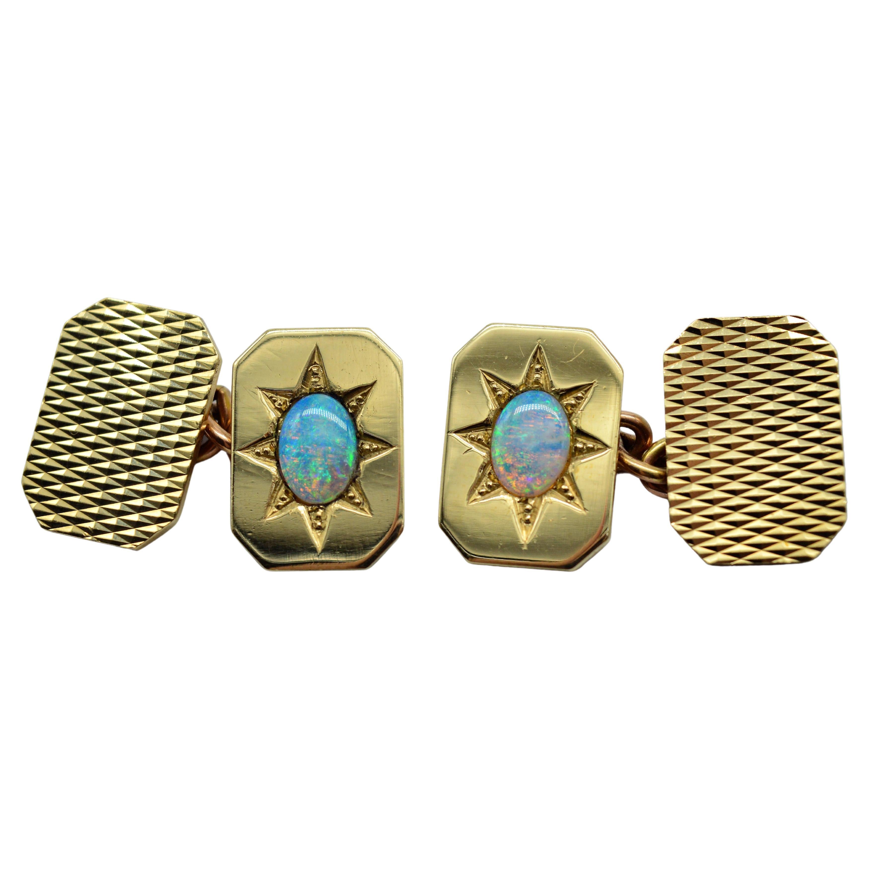 Vintage 9K Gold Opal Brutalist Art Deco Diamond Cut Luxury Statement Cufflinks For Sale