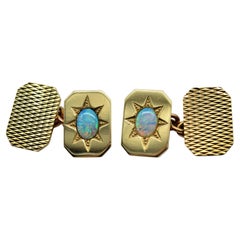 Vintage 9K Gold Opal Brutalist Art Deco Diamond Cut Luxury Statement Cufflinks