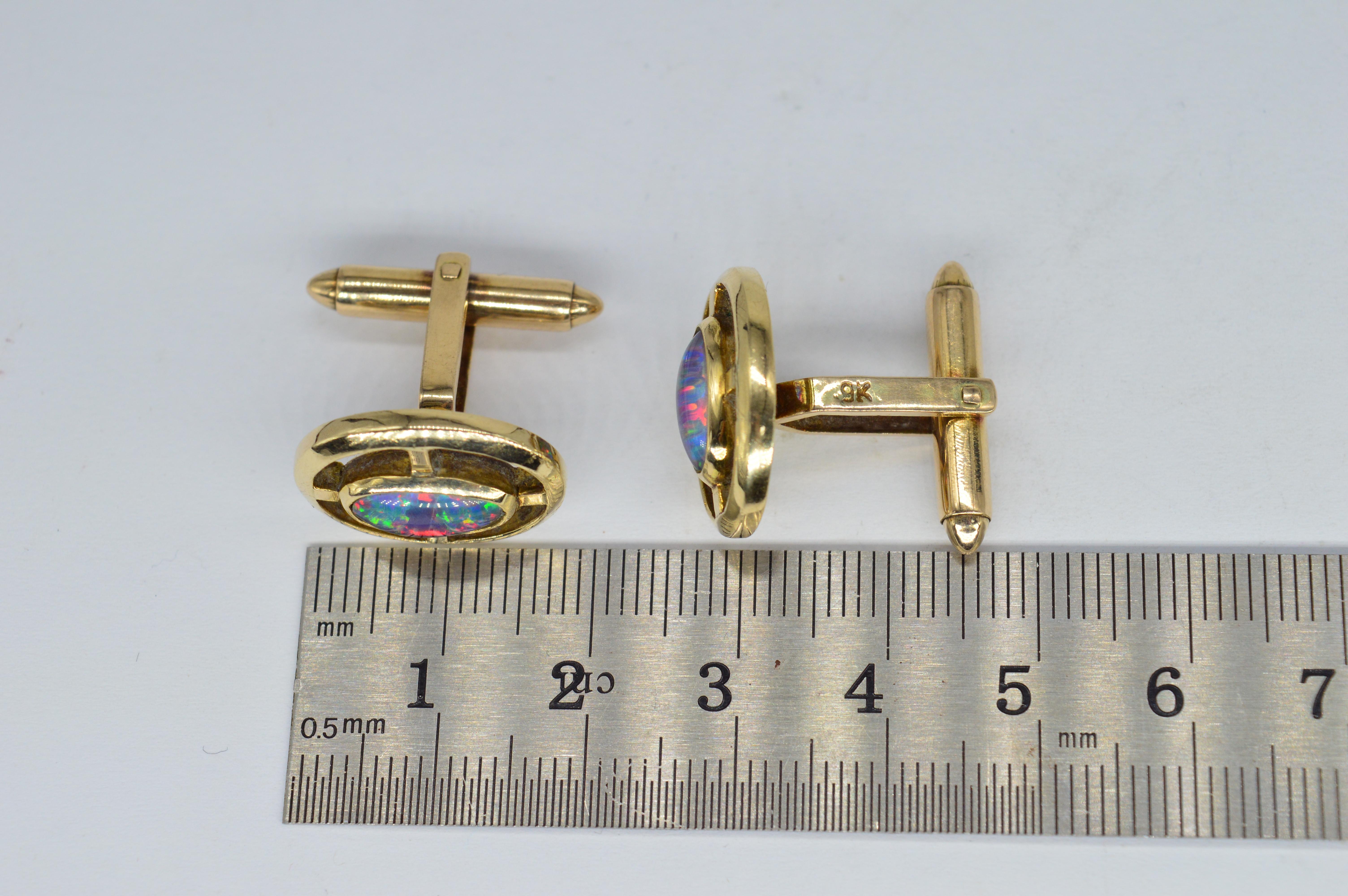 Vintage 9k Gold Opal Triplet Brutalist Art Deco Luxury Statement Gift Cufflinks For Sale 1