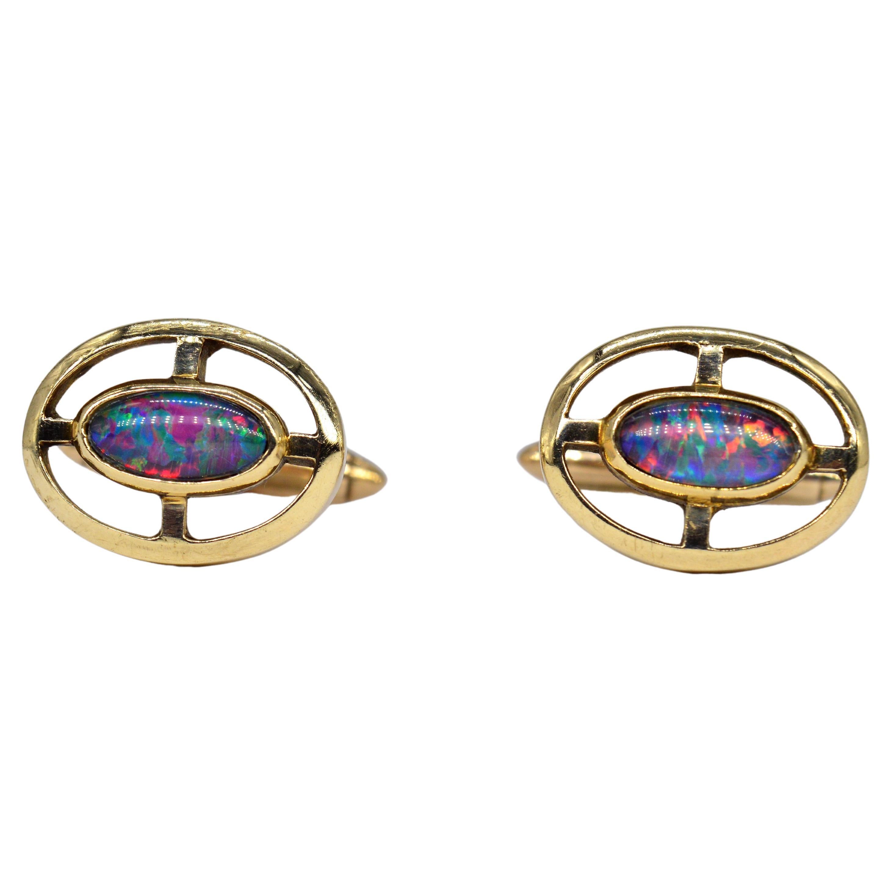 Vintage 9k Gold Opal Triplet Brutalist Art Deco Luxury Statement Gift Cufflinks For Sale