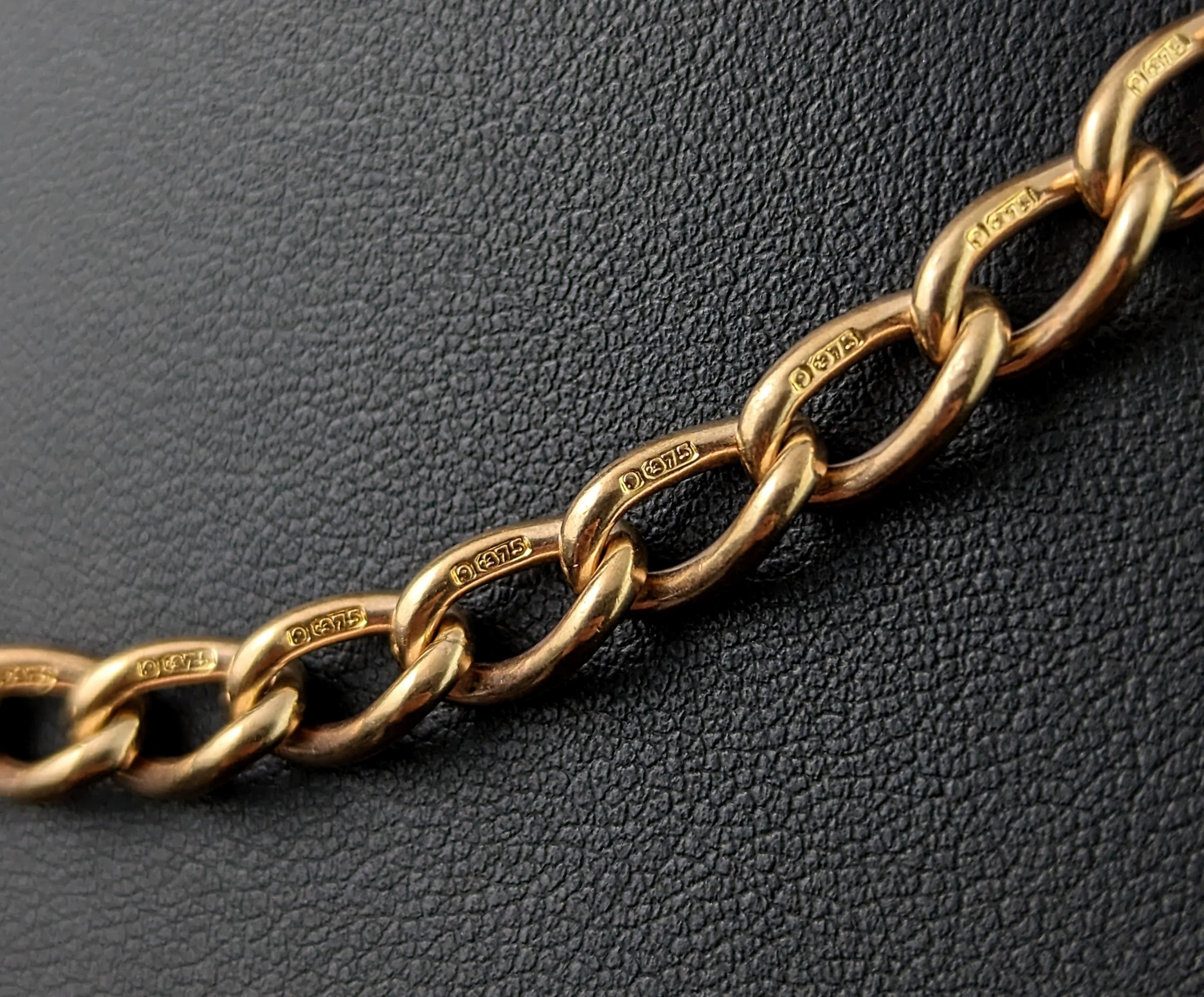 Vintage 9k gold open curb Albert chain, watch chain necklace, Fob  For Sale 4