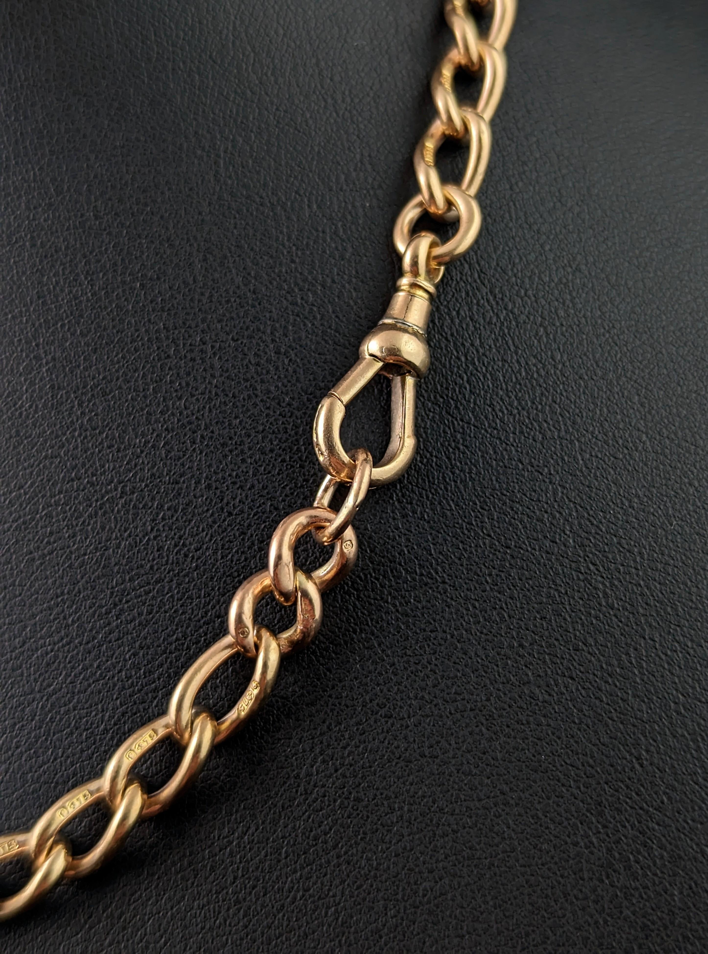 Vintage 9k gold open curb Albert chain, watch chain necklace, Fob  For Sale 5