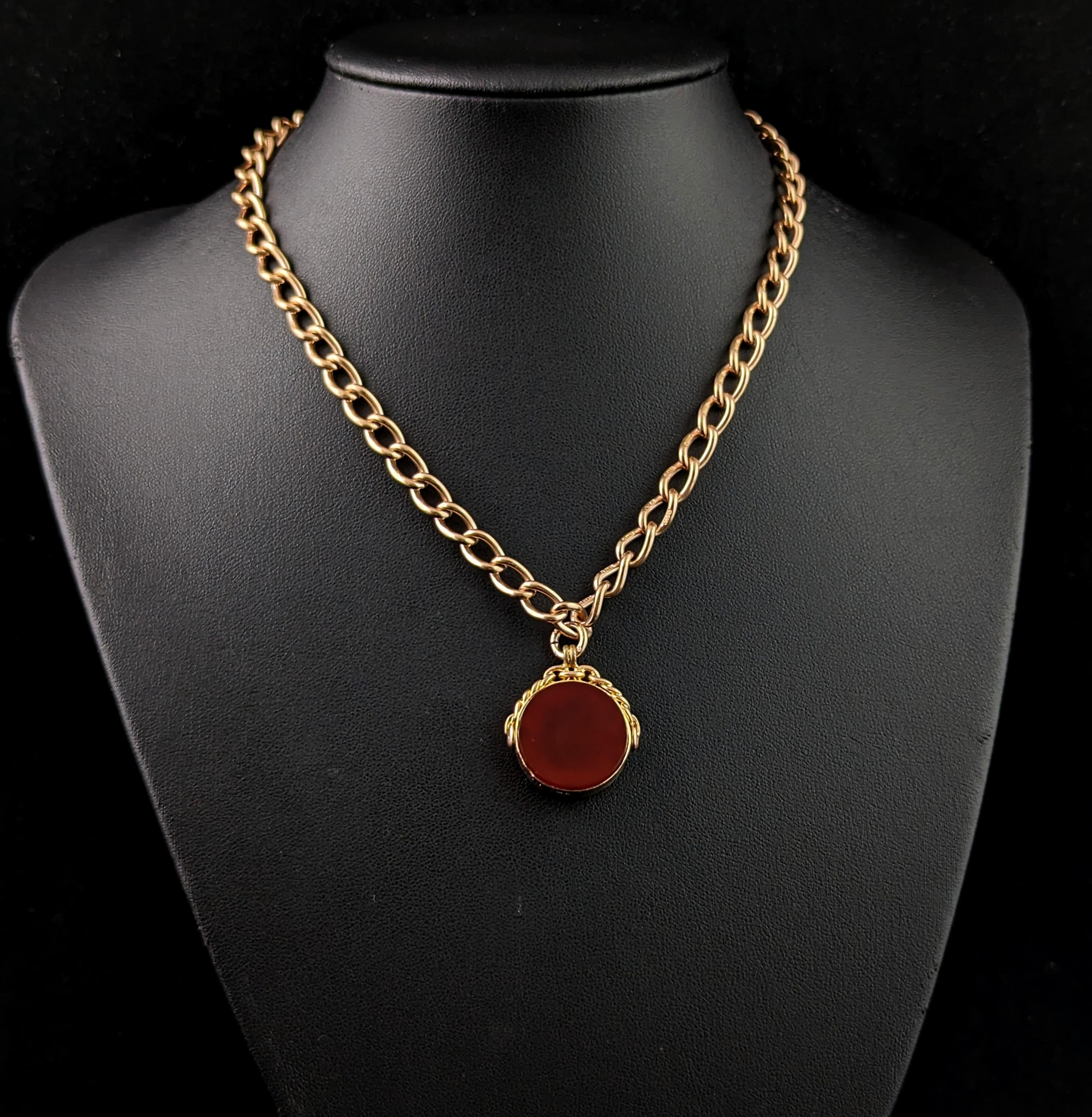 Vintage 9k gold open curb Albert chain, watch chain necklace, Fob 6