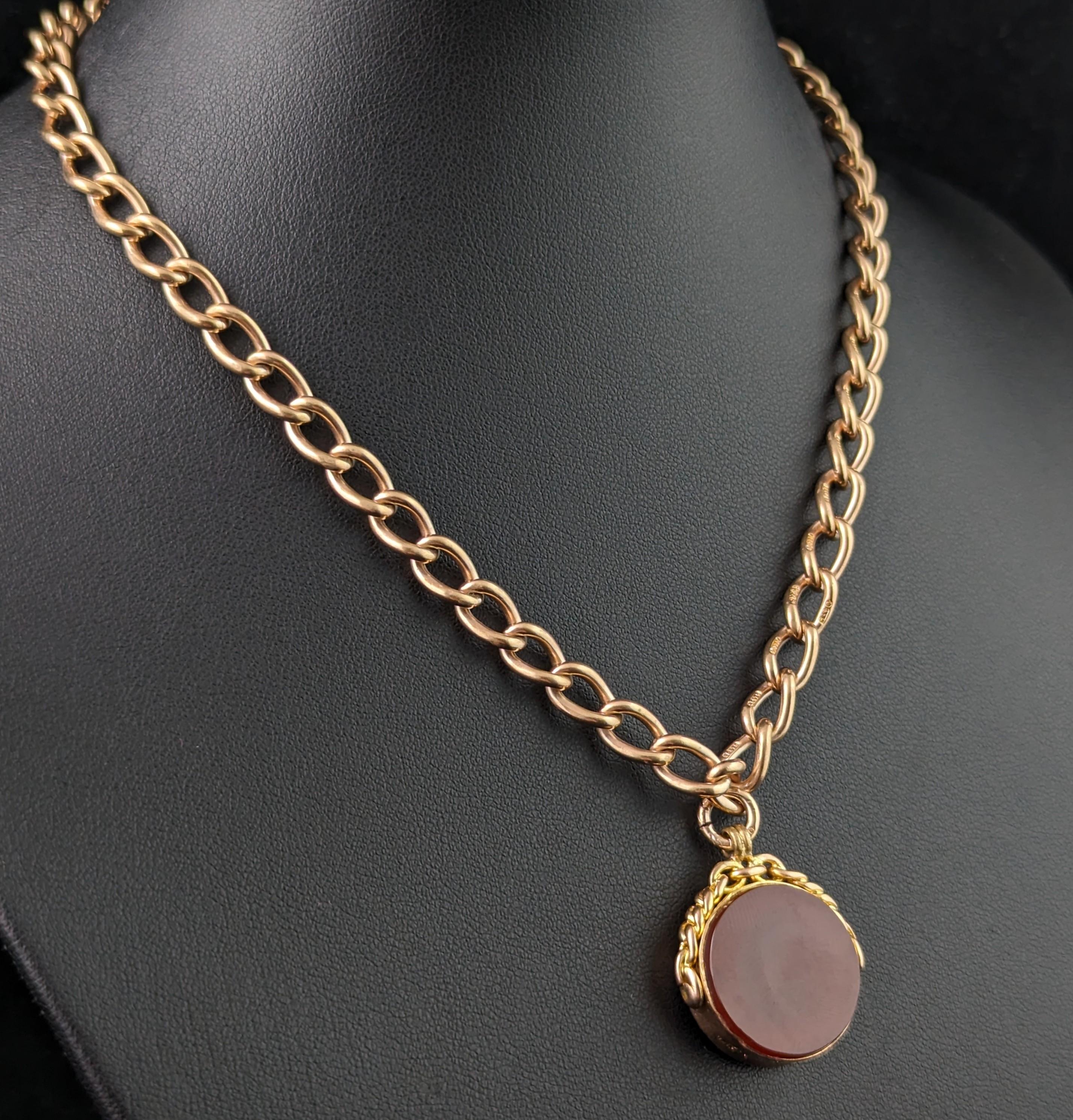 Vintage 9k gold open curb Albert chain, watch chain necklace, Fob 7