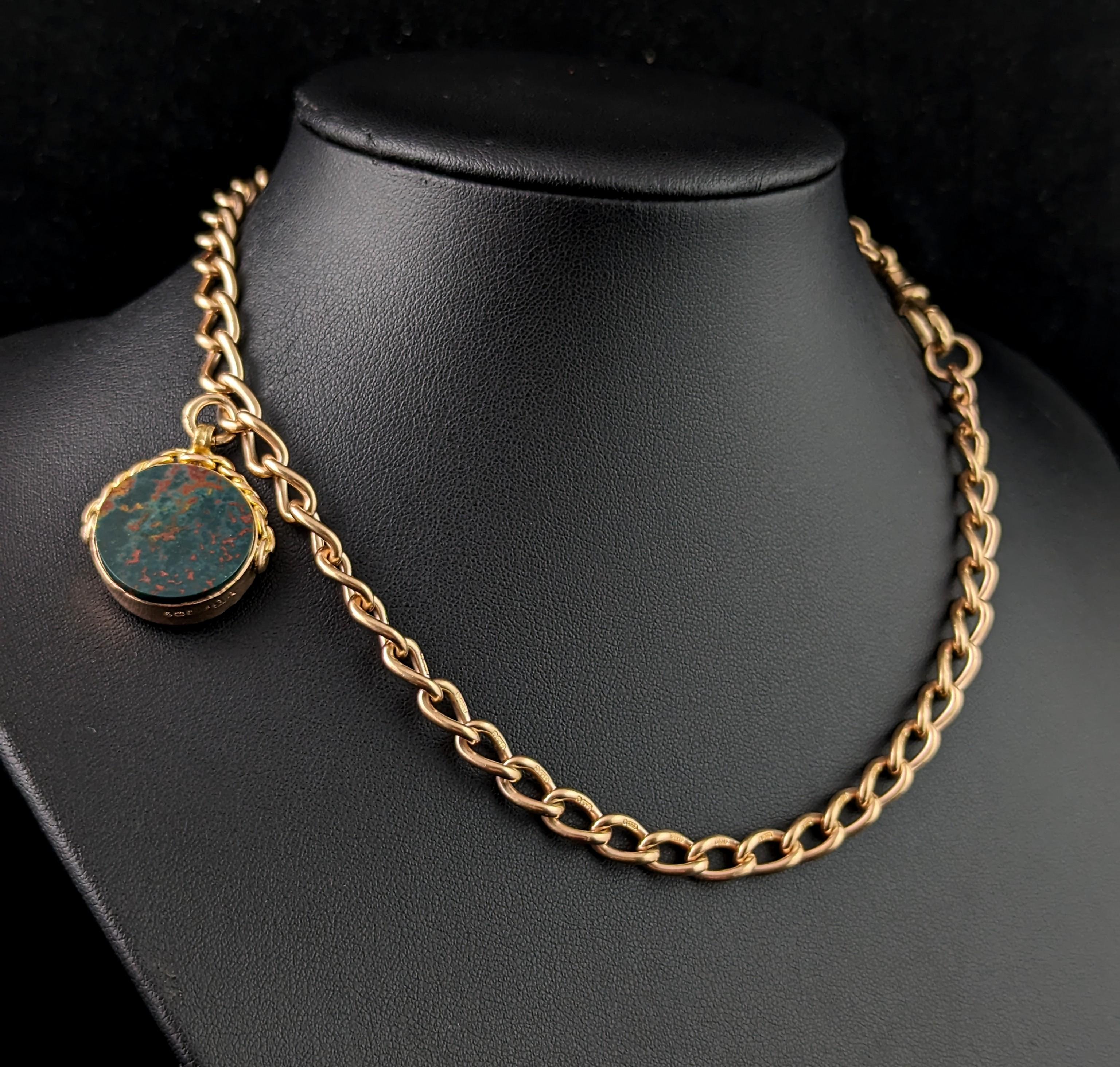 Art Deco Vintage 9k gold open curb Albert chain, watch chain necklace, Fob