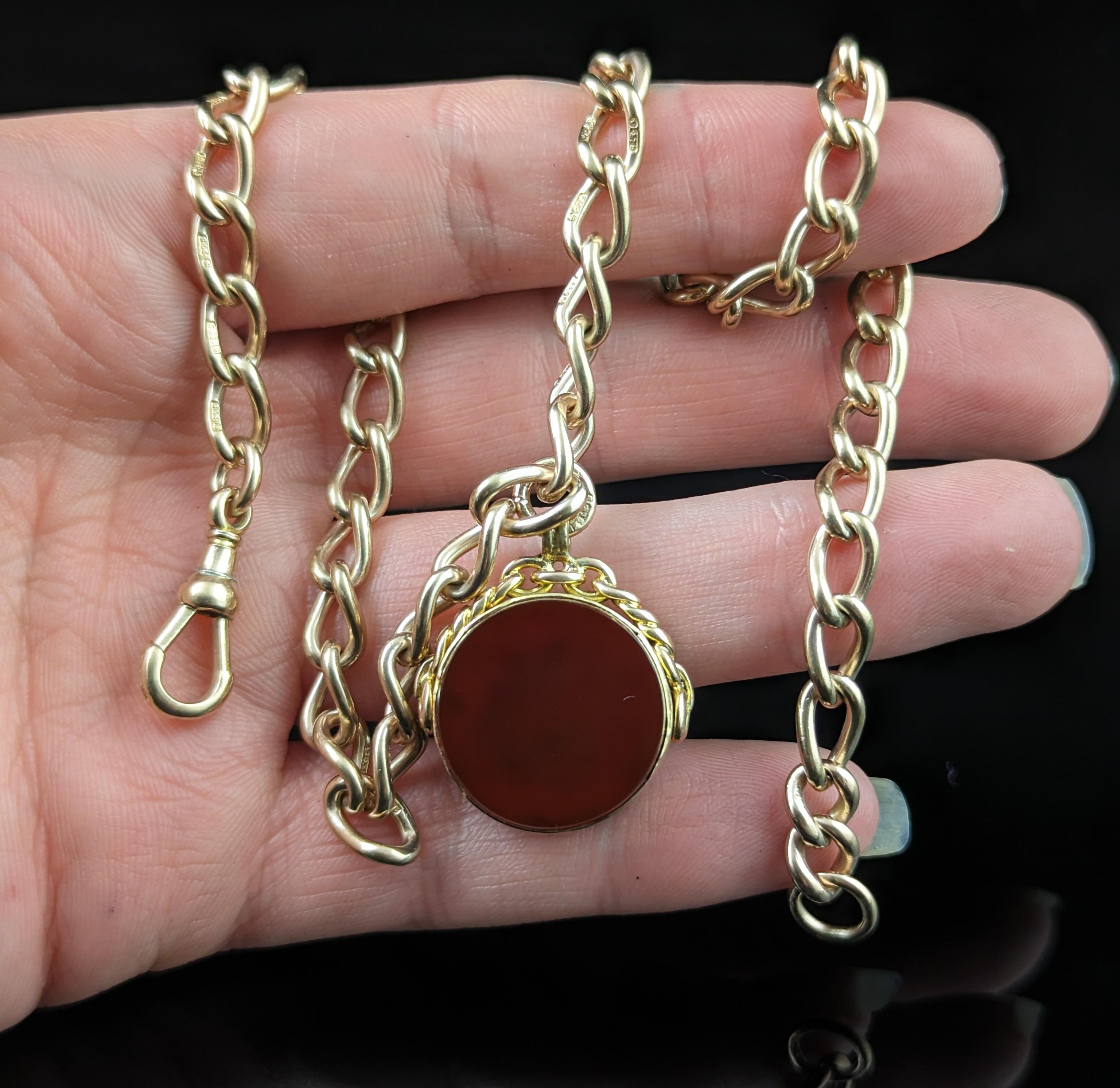 Round Cut Vintage 9k gold open curb Albert chain, watch chain necklace, Fob