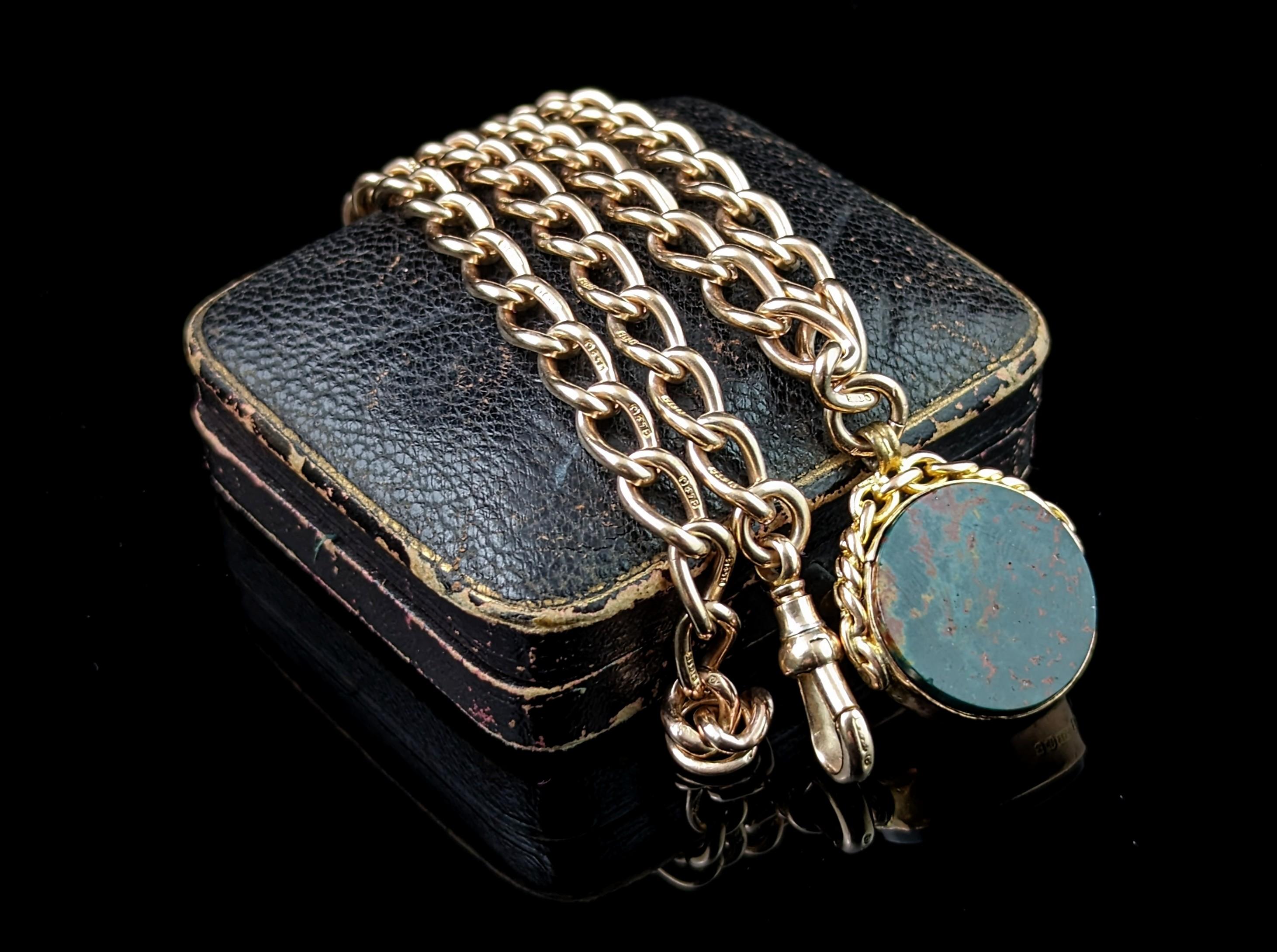 Vintage 9k gold open curb Albert chain, watch chain necklace, Fob  In Good Condition For Sale In NEWARK, GB