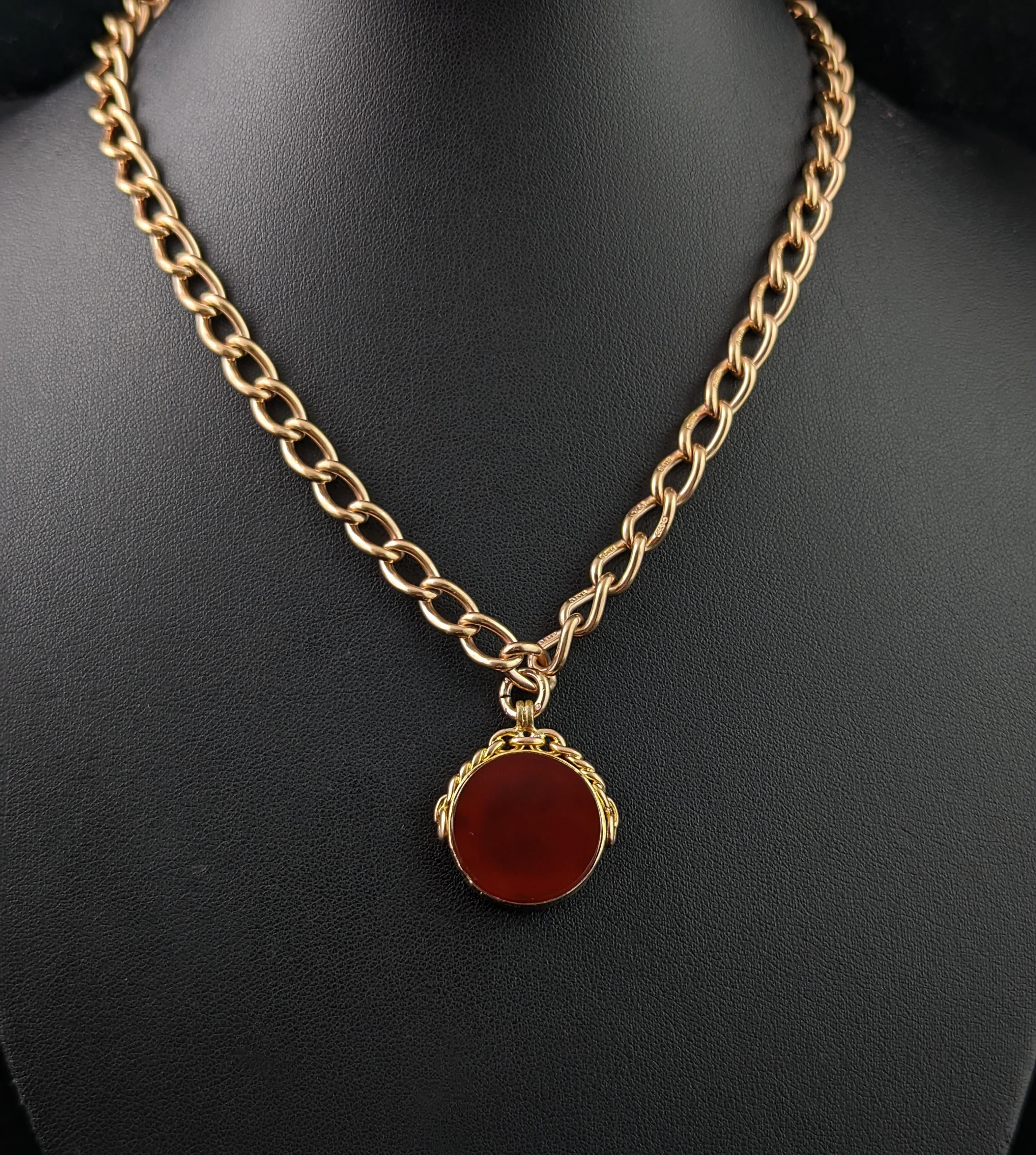 Vintage 9k gold open curb Albert chain, watch chain necklace, Fob 1