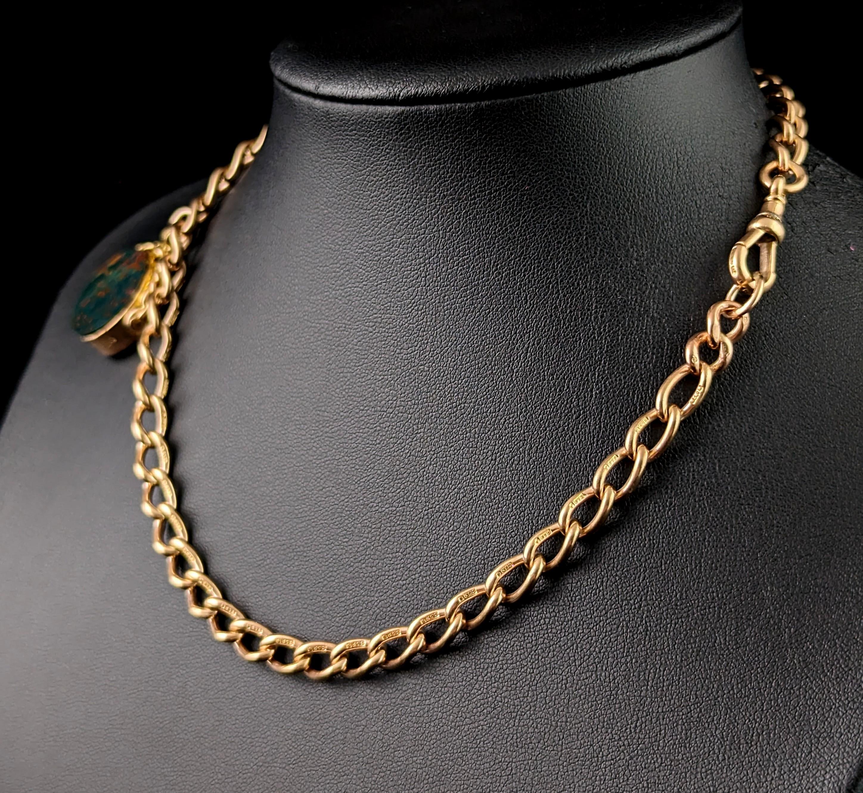 Vintage 9k gold open curb Albert chain, watch chain necklace, Fob  For Sale 3