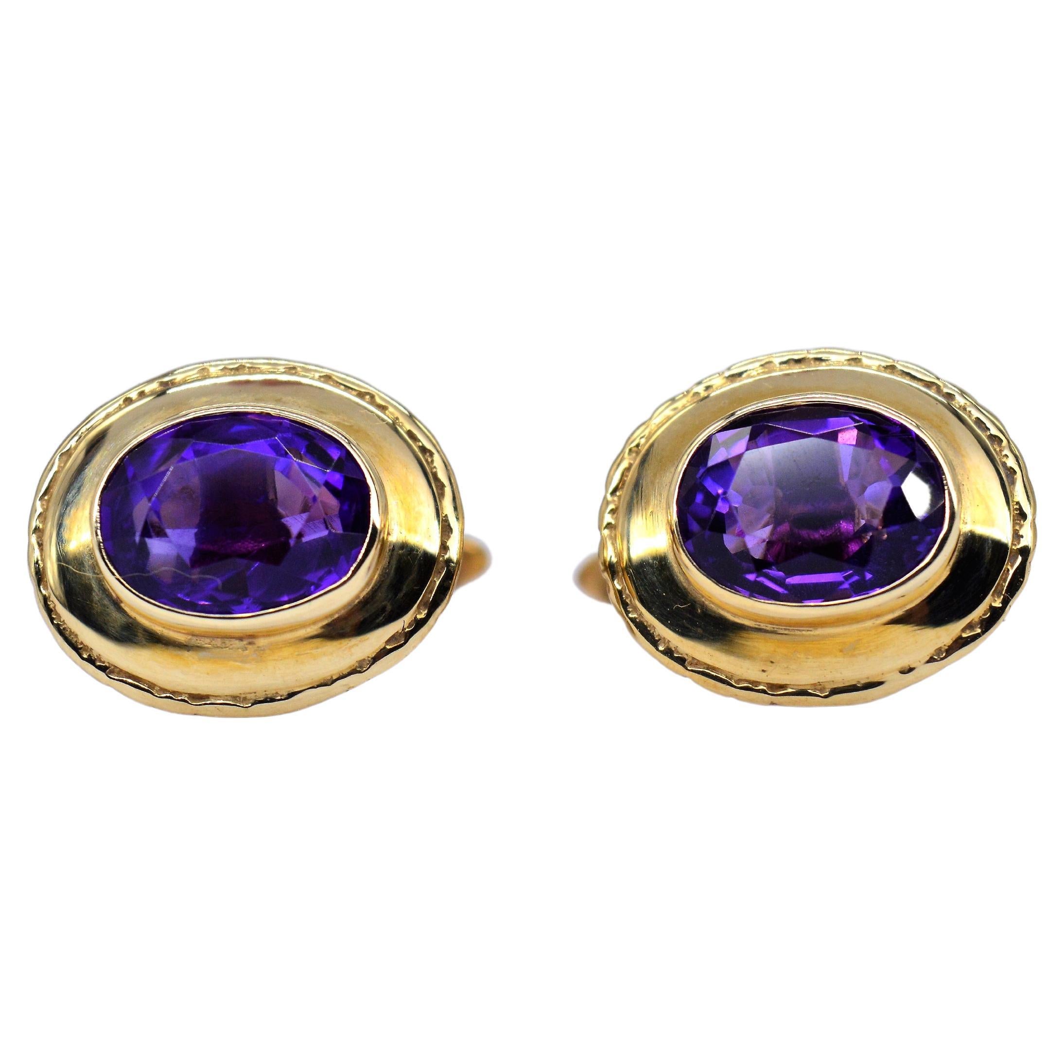 Boutons de manchette de luxe vintage en or 9 carats avec améthyste violette, fantaisie Art déco