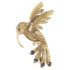 Vintage 9k gold Sapphire bird brooch, Hummingbird