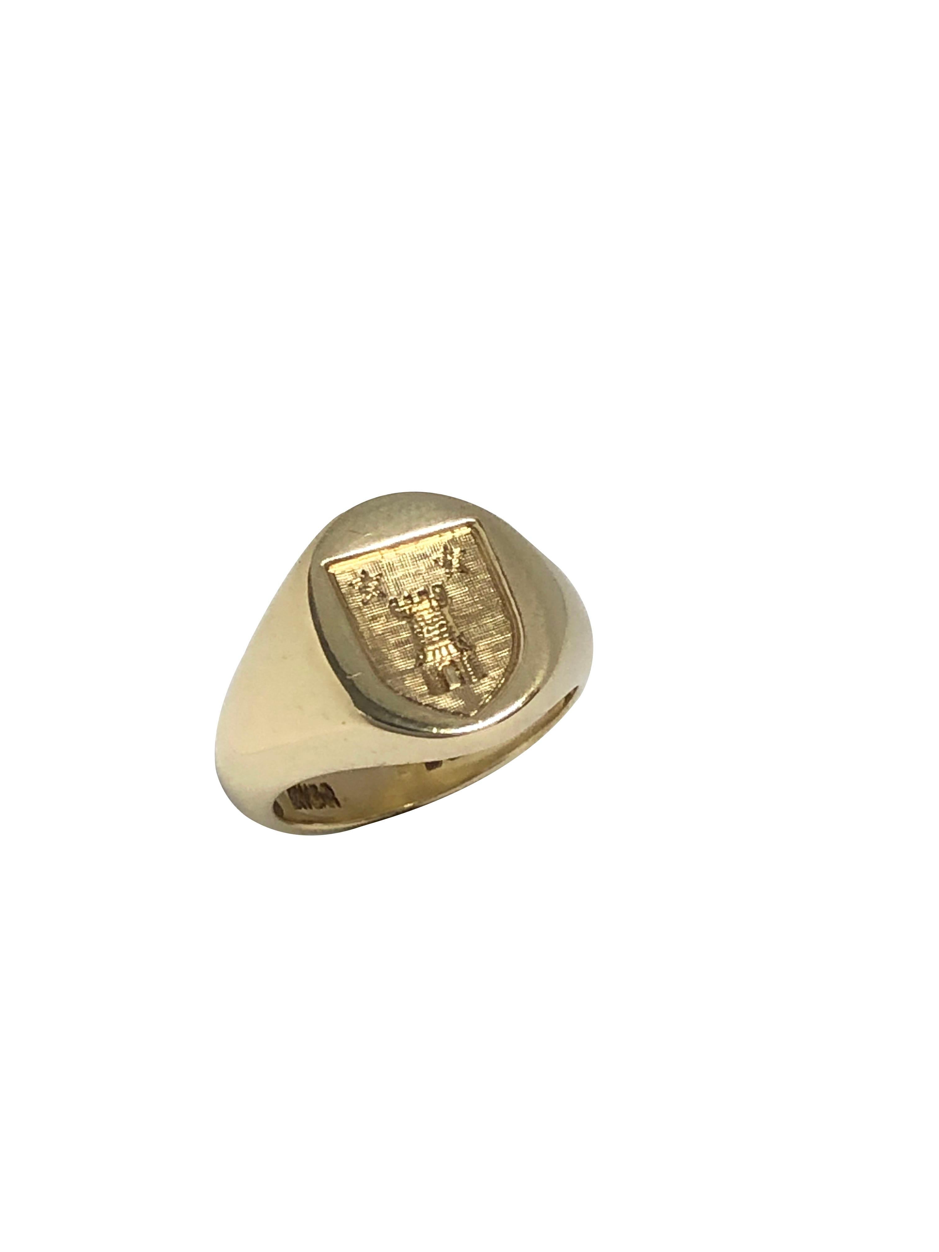 Circa 1940 - 1950 9k Yellow Gold Signet ring by Lawson Ward and Gammage, the top measures 1/2 x 1/2 inch with a deep engraved Coat of Arms, finger size 4 1/4 and weighing 7.8 Grams. 