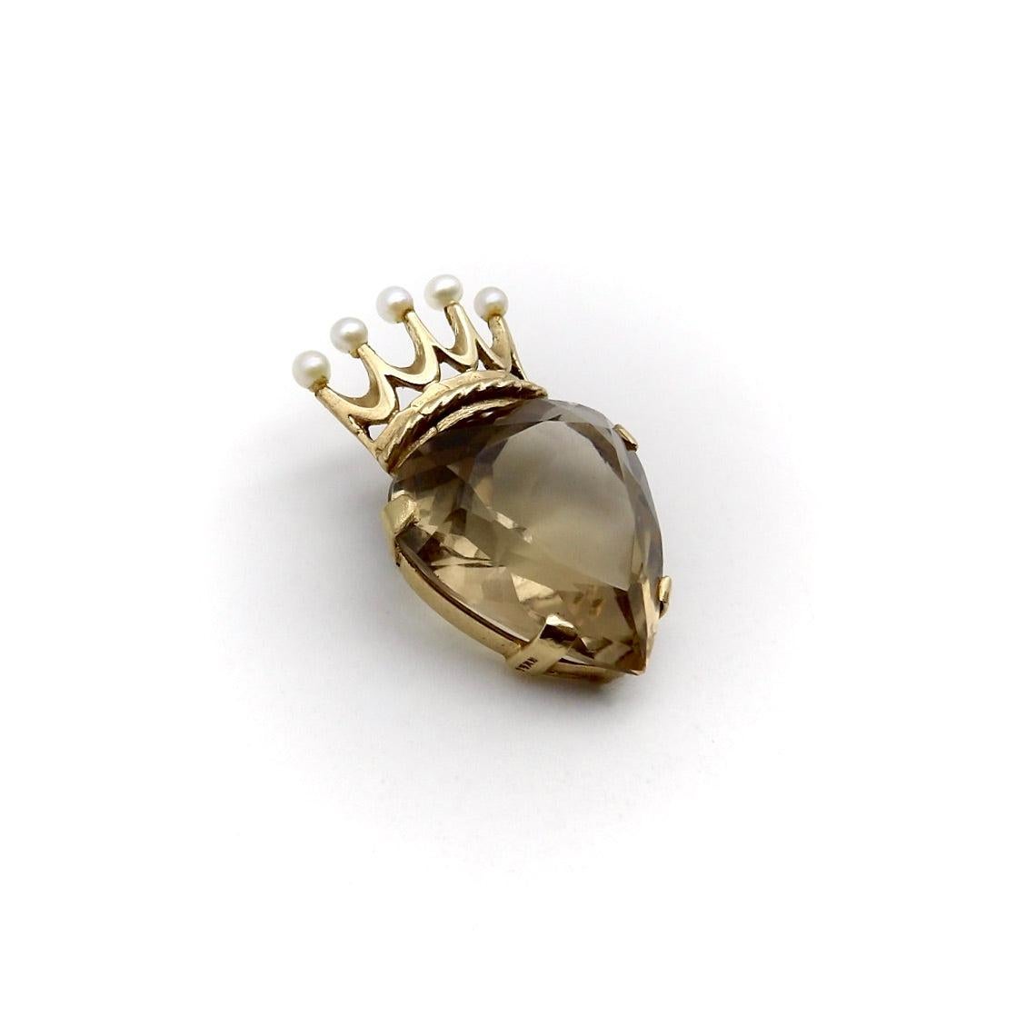 Modern Vintage 9K Gold Smoky Quartz Crowned Heart Pendant For Sale