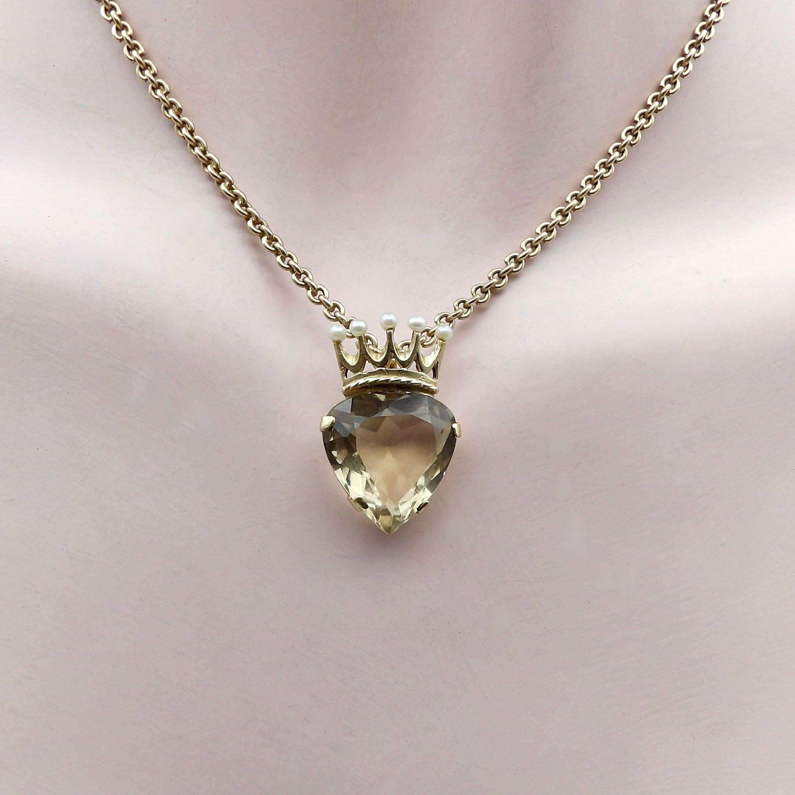 Pear Cut Vintage 9K Gold Smoky Quartz Crowned Heart Pendant For Sale