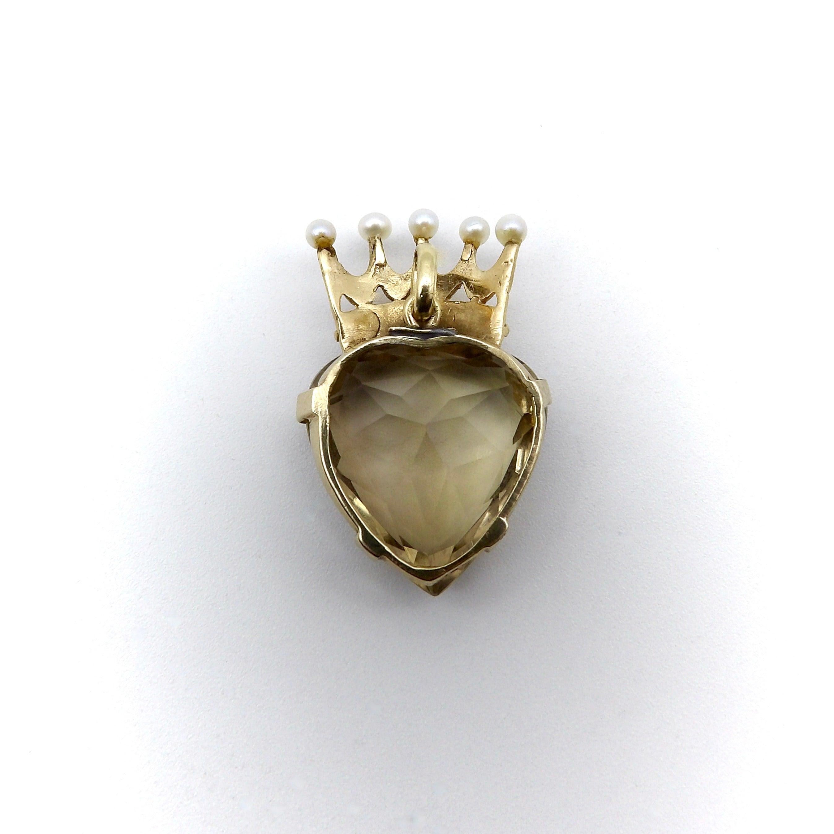 Women's or Men's Vintage 9K Gold Smoky Quartz Crowned Heart Pendant For Sale