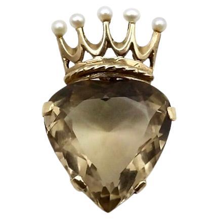 Vintage 9K Gold Smoky Quartz Crowned Heart Pendant For Sale
