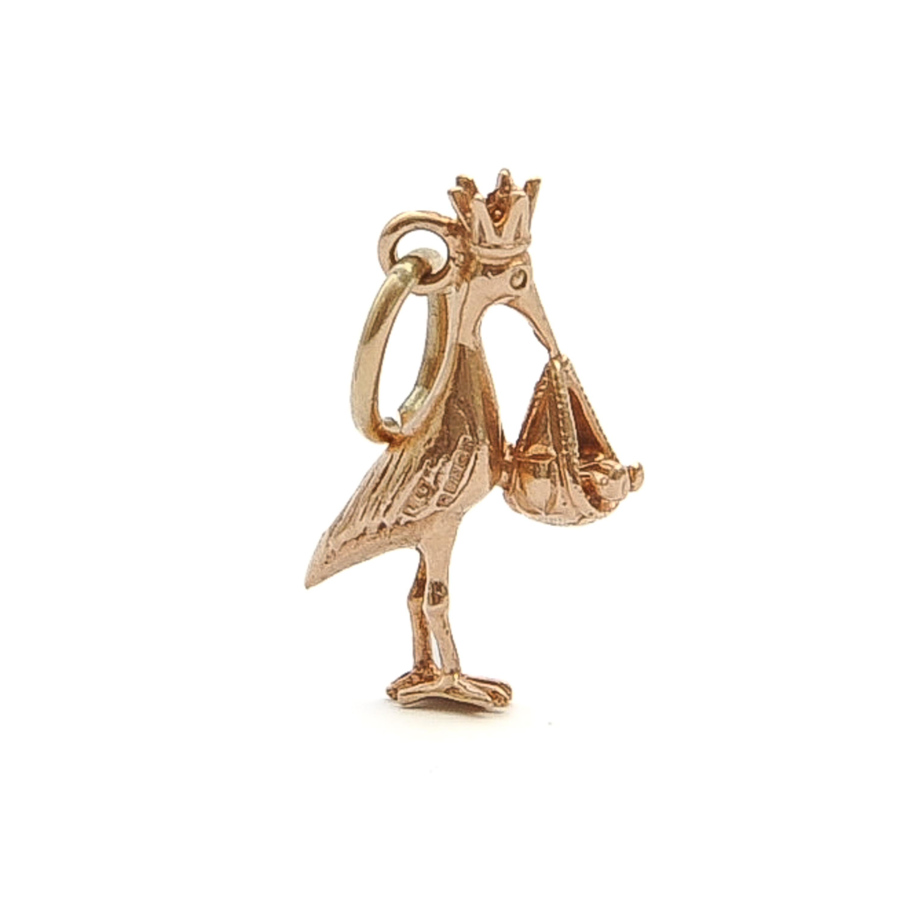 Women's Vintage 9K Rose Gold Bird Stork with Baby Charm Pendant For Sale