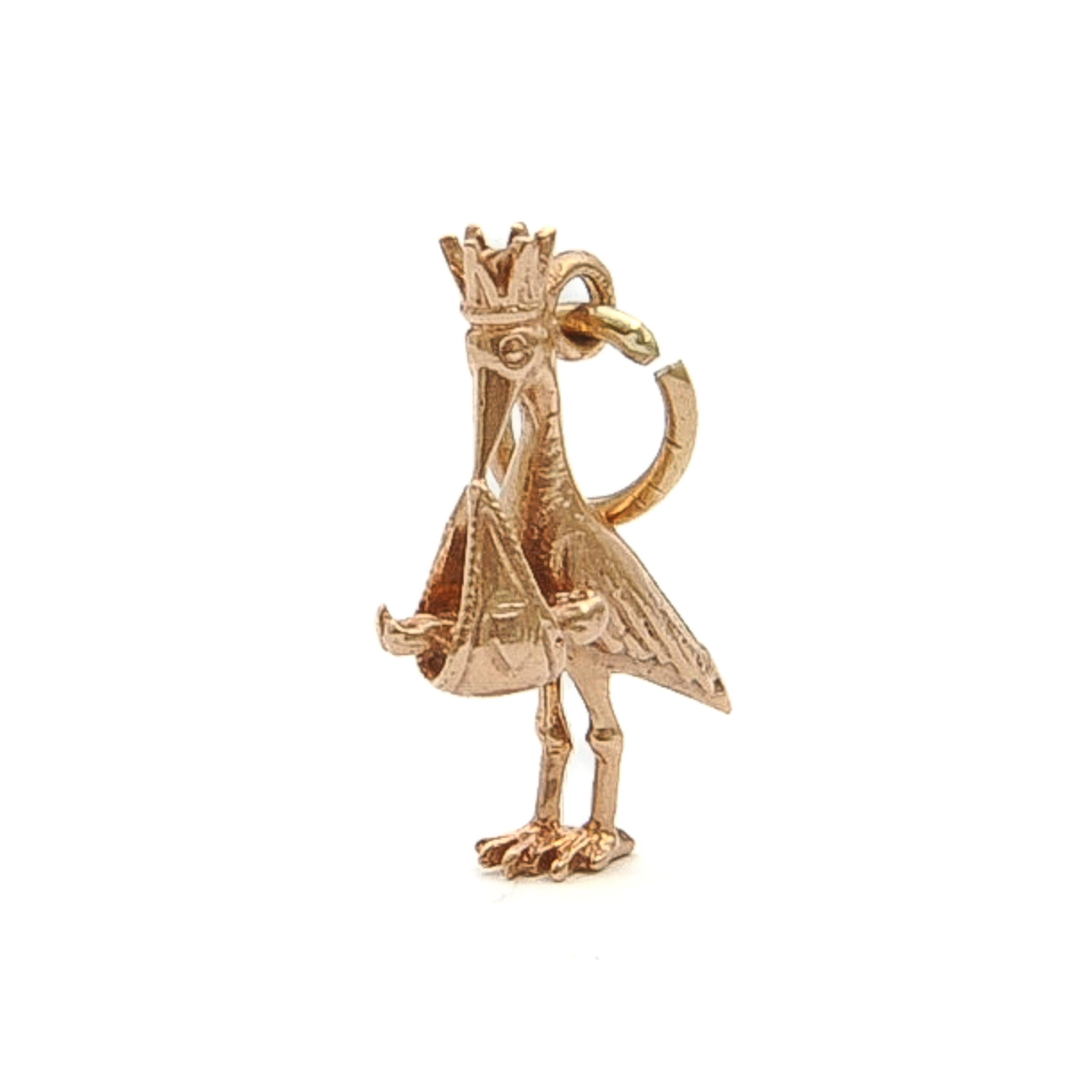 Vintage 9K Rose Gold Bird Stork with Baby Charm Pendant For Sale 1