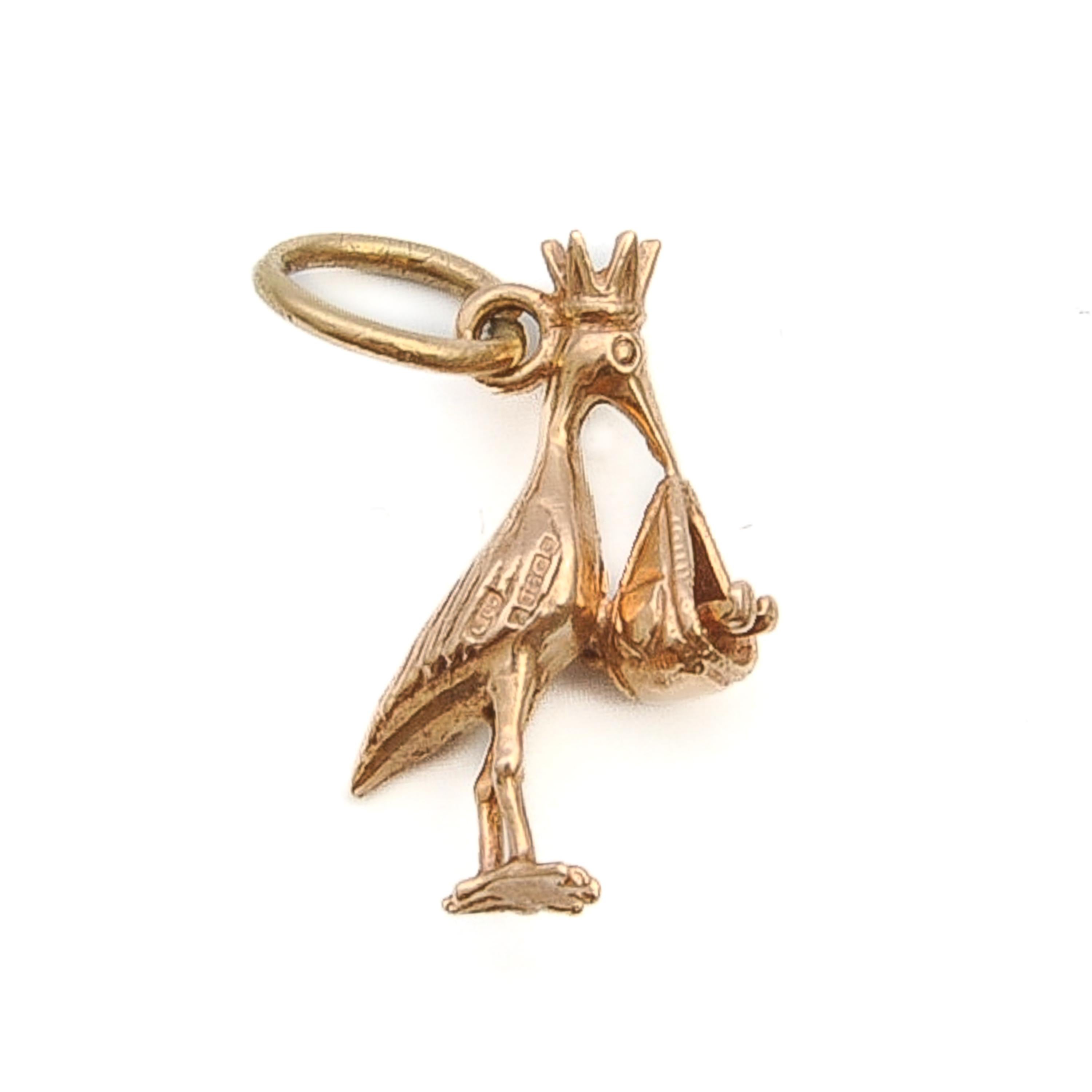 Vintage 9K Rose Gold Bird Stork with Baby Charm Pendant For Sale 2