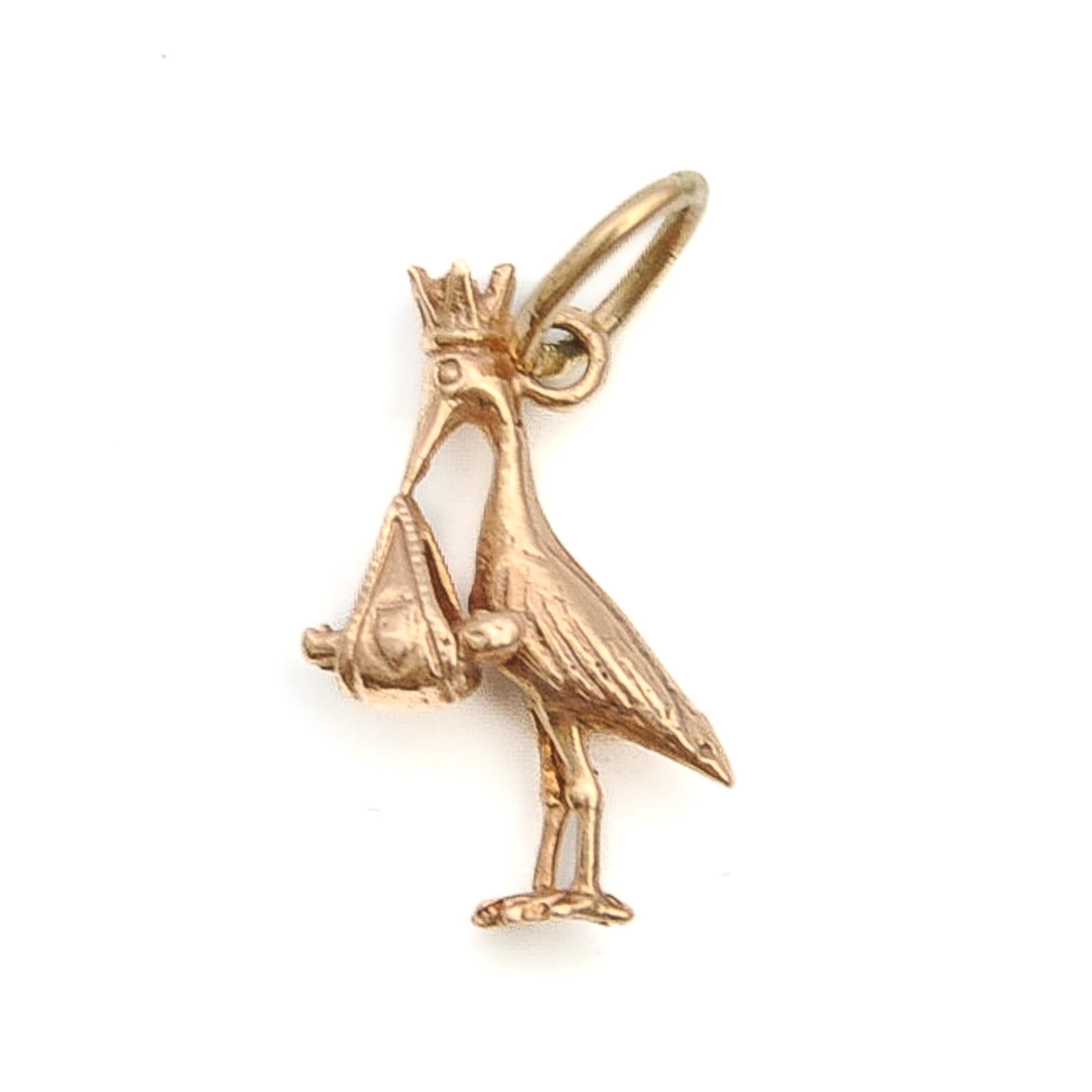 Vintage 9K Rose Gold Bird Stork with Baby Charm Pendant For Sale 4