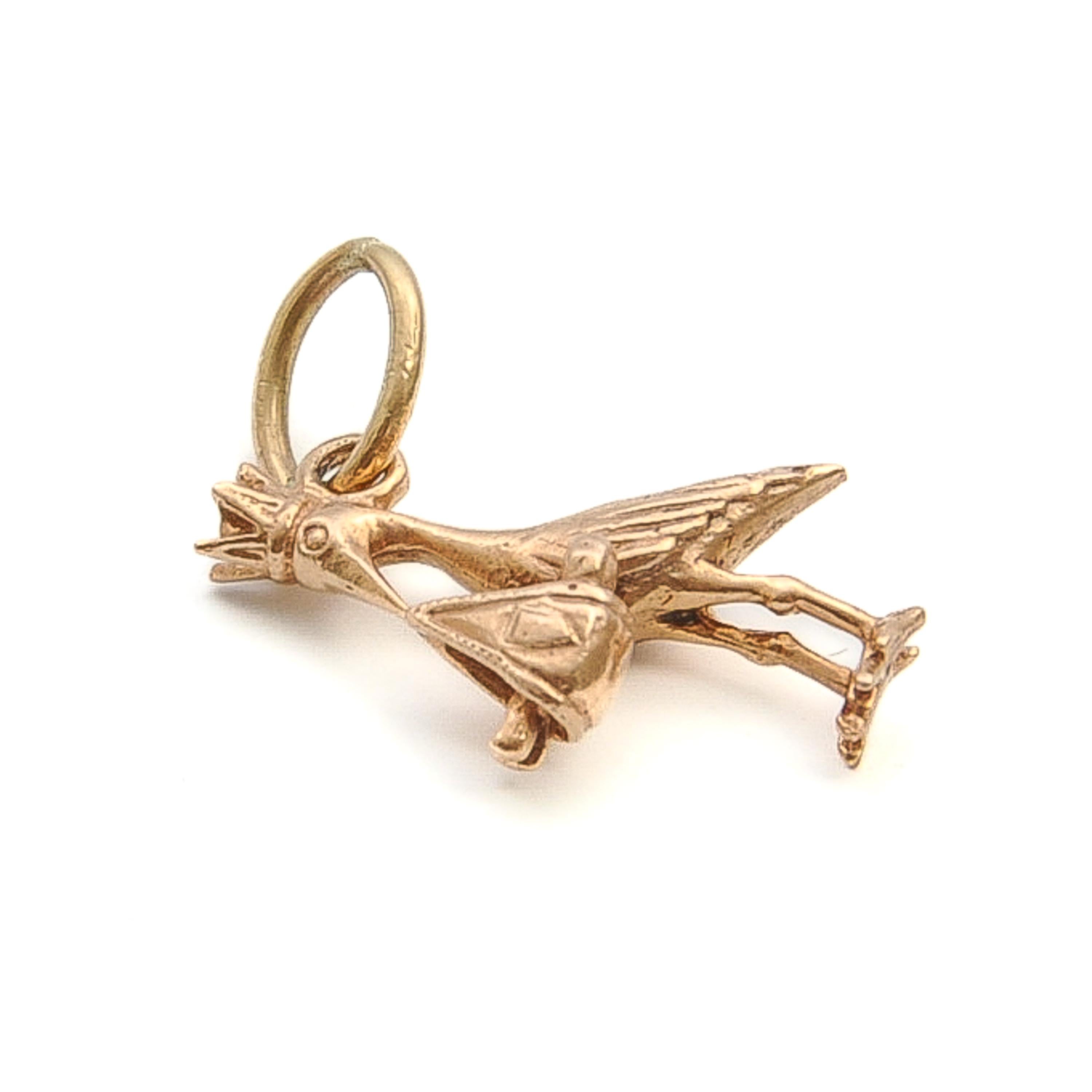 Vintage 9K Rose Gold Bird Stork with Baby Charm Pendant For Sale 5