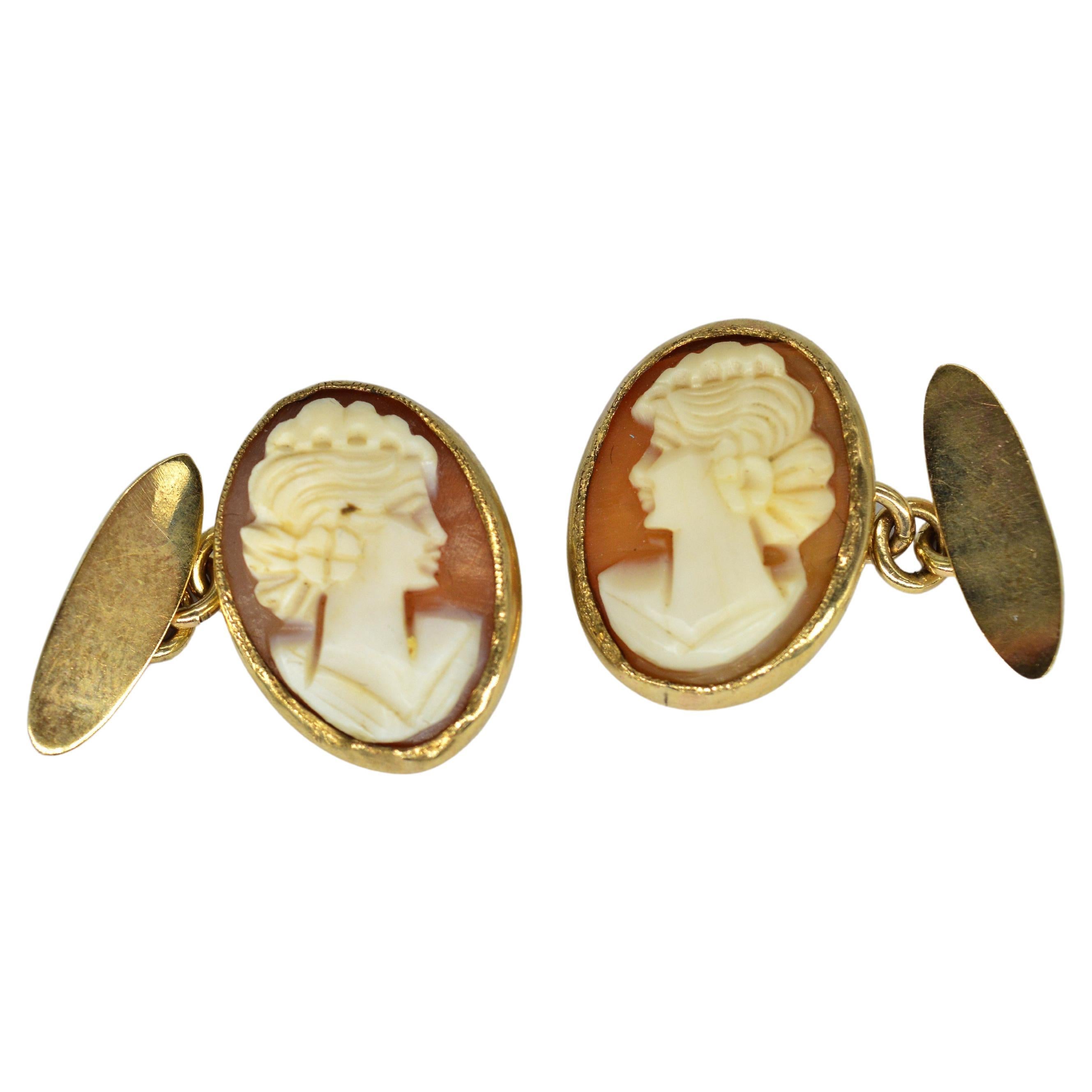 Vintage 9k Gold Victorian Shell Cameo Hand Carved Statement Present Cufflinks For Sale