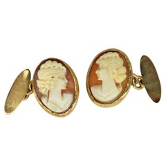 Antique 9k Gold Victorian Shell Cameo Hand Carved Statement Present Cufflinks