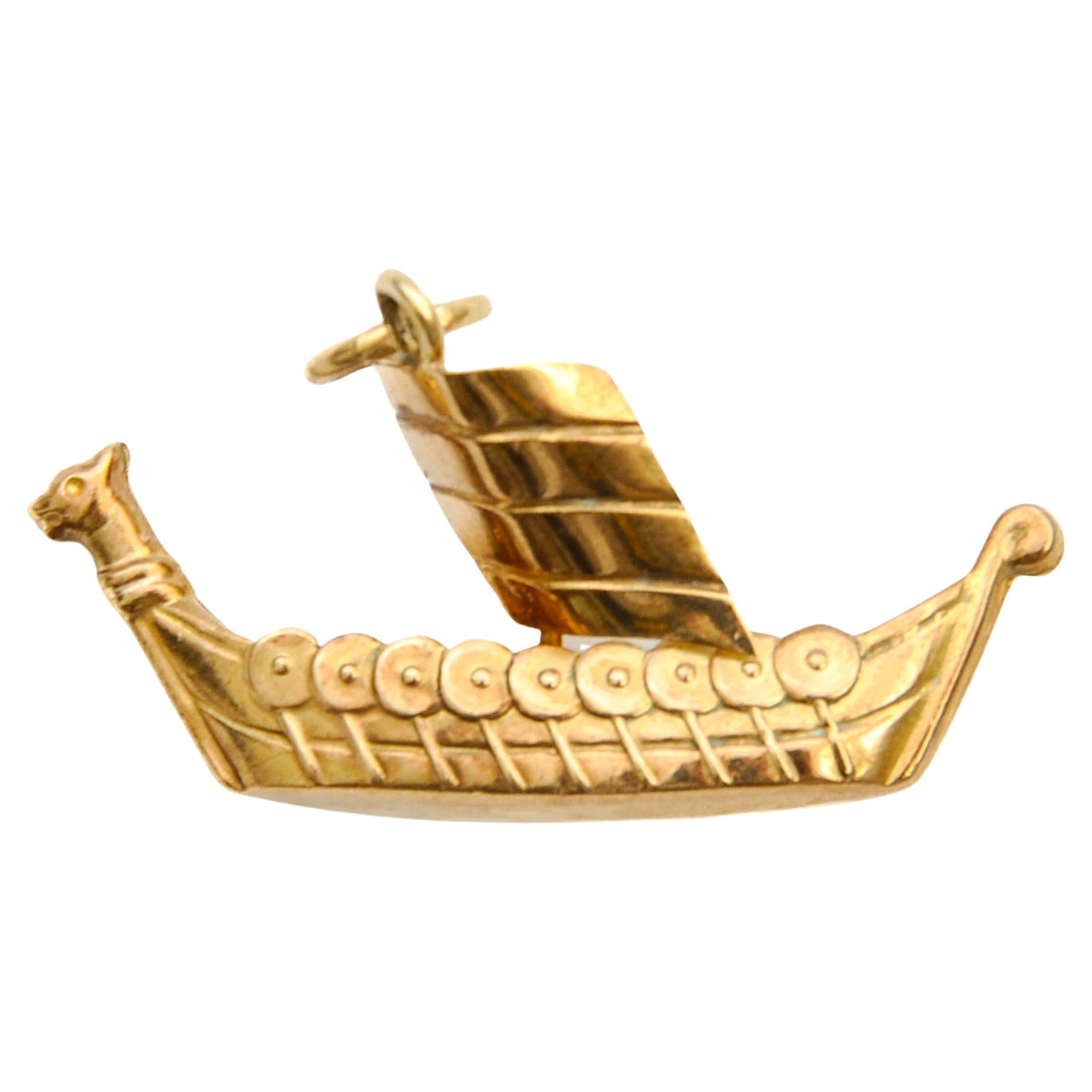 Vintage 9K Gold Viking Ship Charm Pendant For Sale