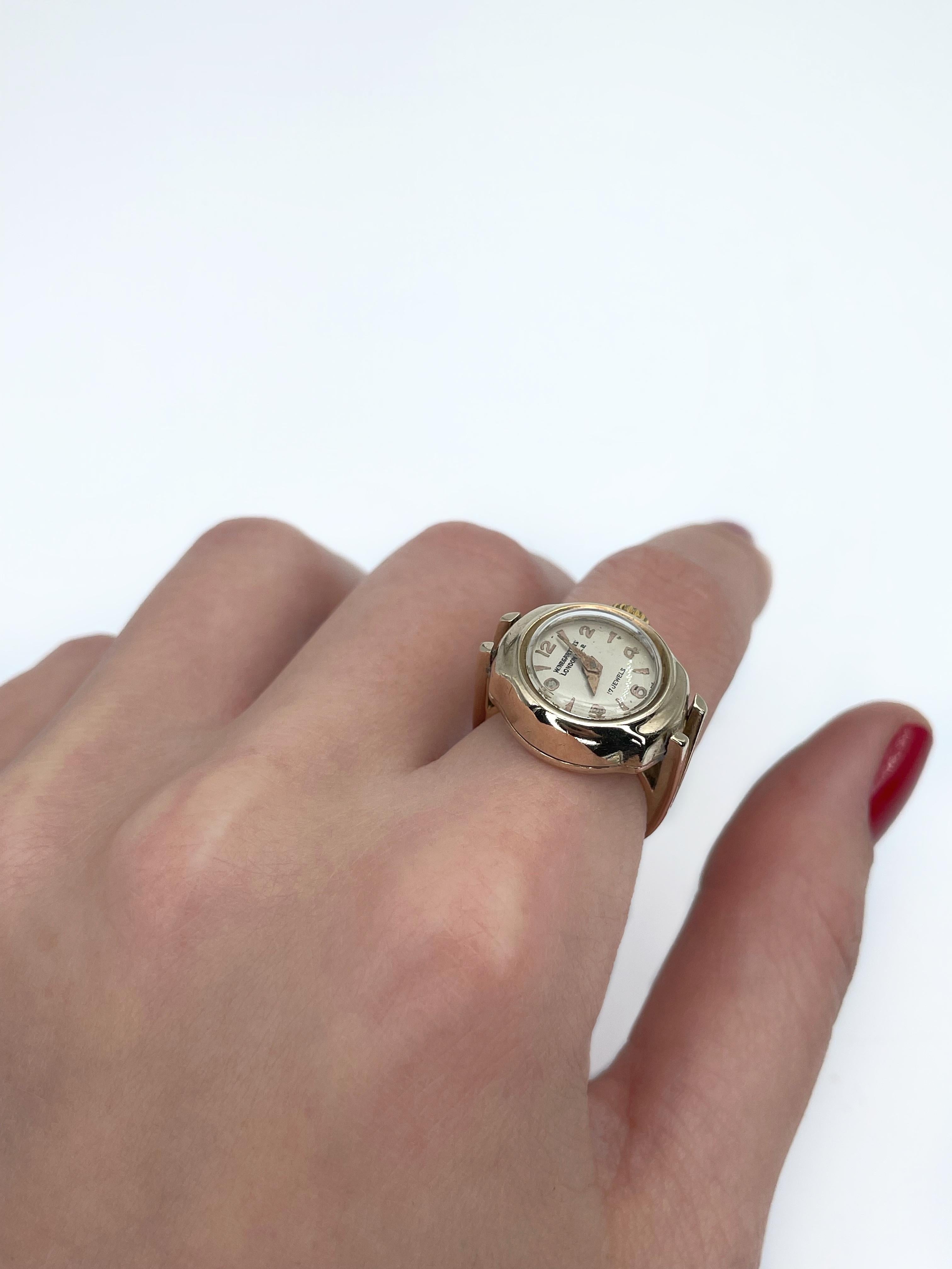 Women's Vintage 9 Karat Gold Winegartens London E. C. 2 Clock Watch Ring