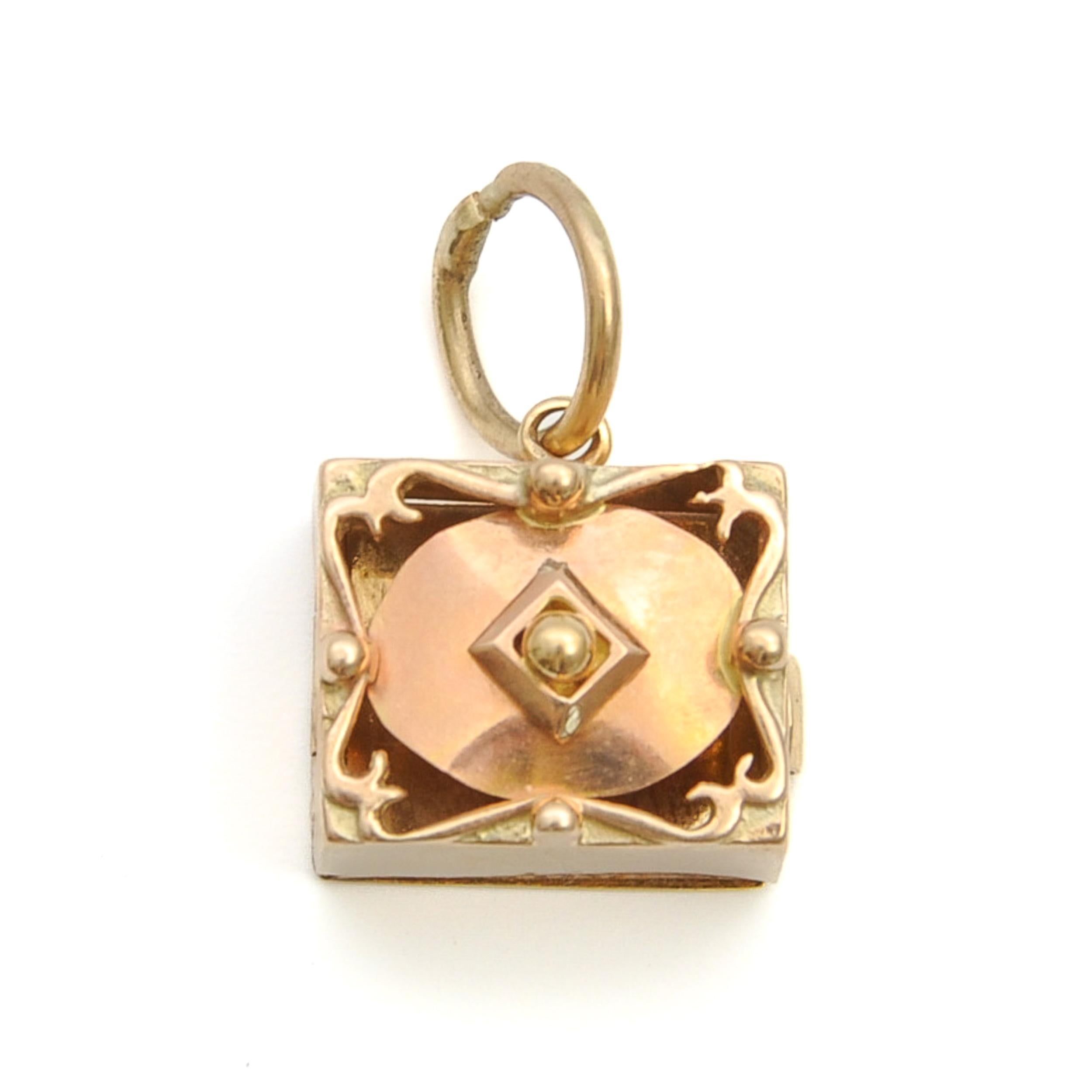 Women's or Men's Vintage 9K Rose Gold Mechanical Box Charm Pendant For Sale