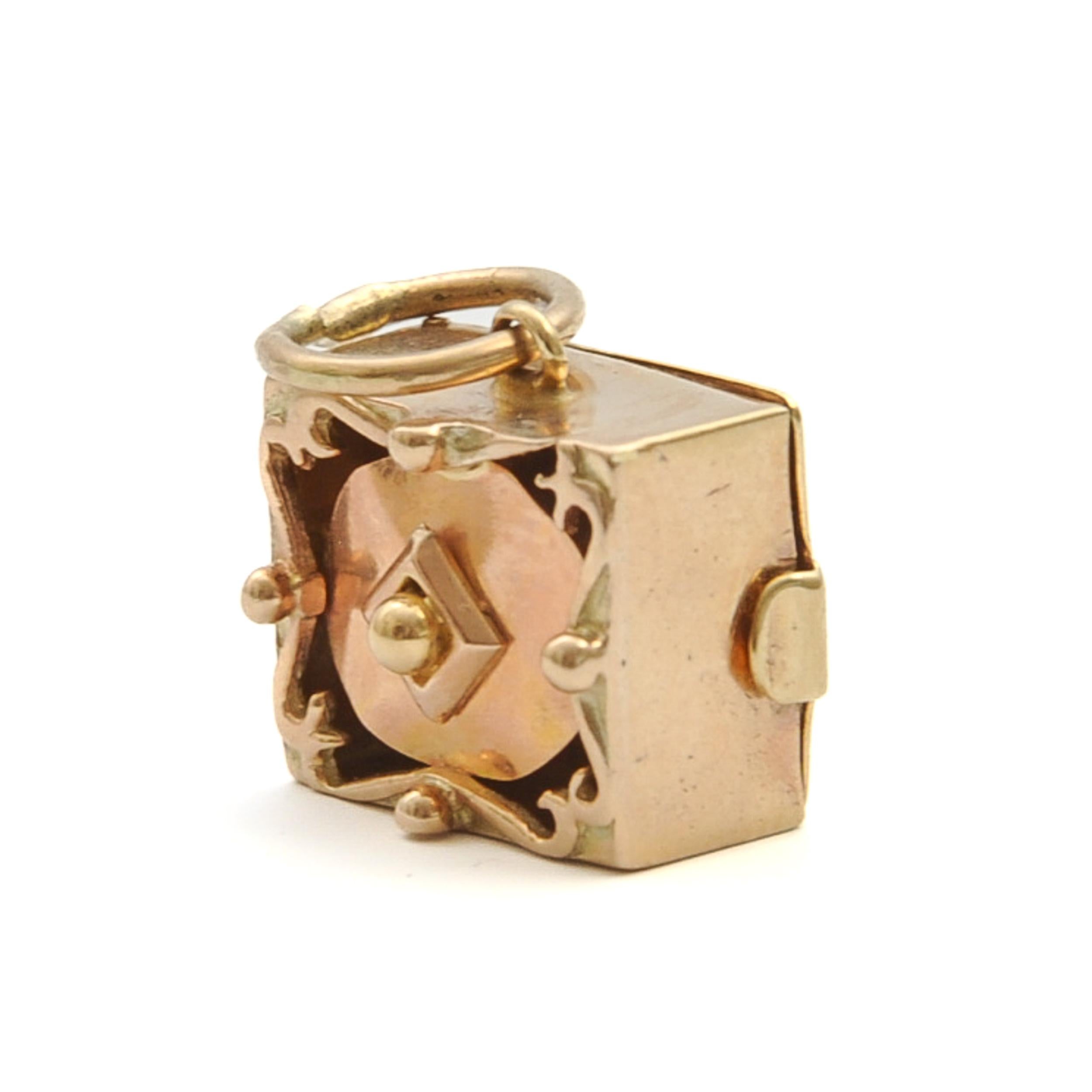 Vintage 9K Rose Gold Mechanical Box Charm Pendant For Sale 3