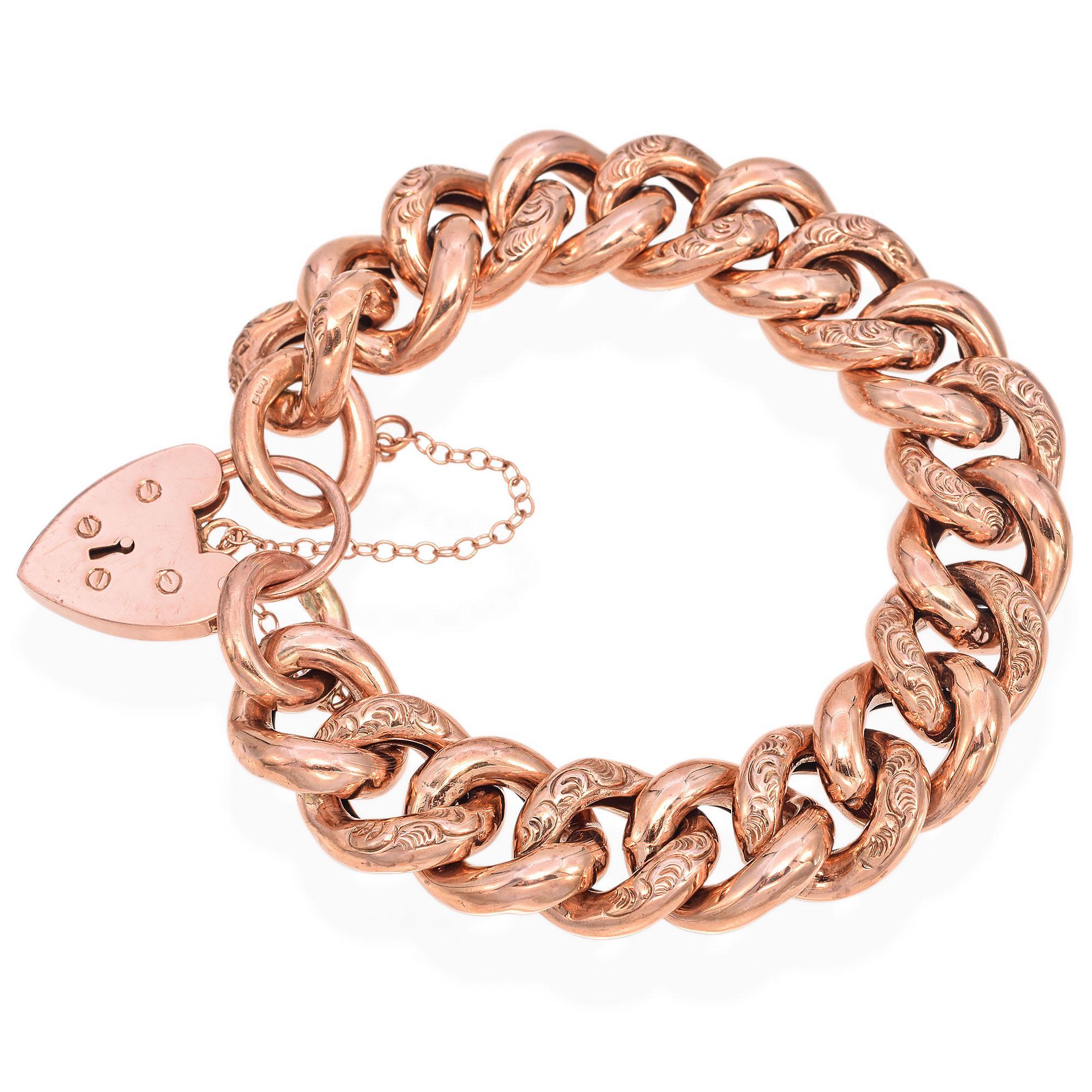 This 9k Rose Gold Curb Chain Bracelet is a testament to refined elegance. The bracelet features a heart-shaped padlock clasp, adding a touch of charm and security.

Weight: 34.5 Grams
Measurements:
Size: 6.5 Inches
Metal: 9K Gold
Hallmark: 9