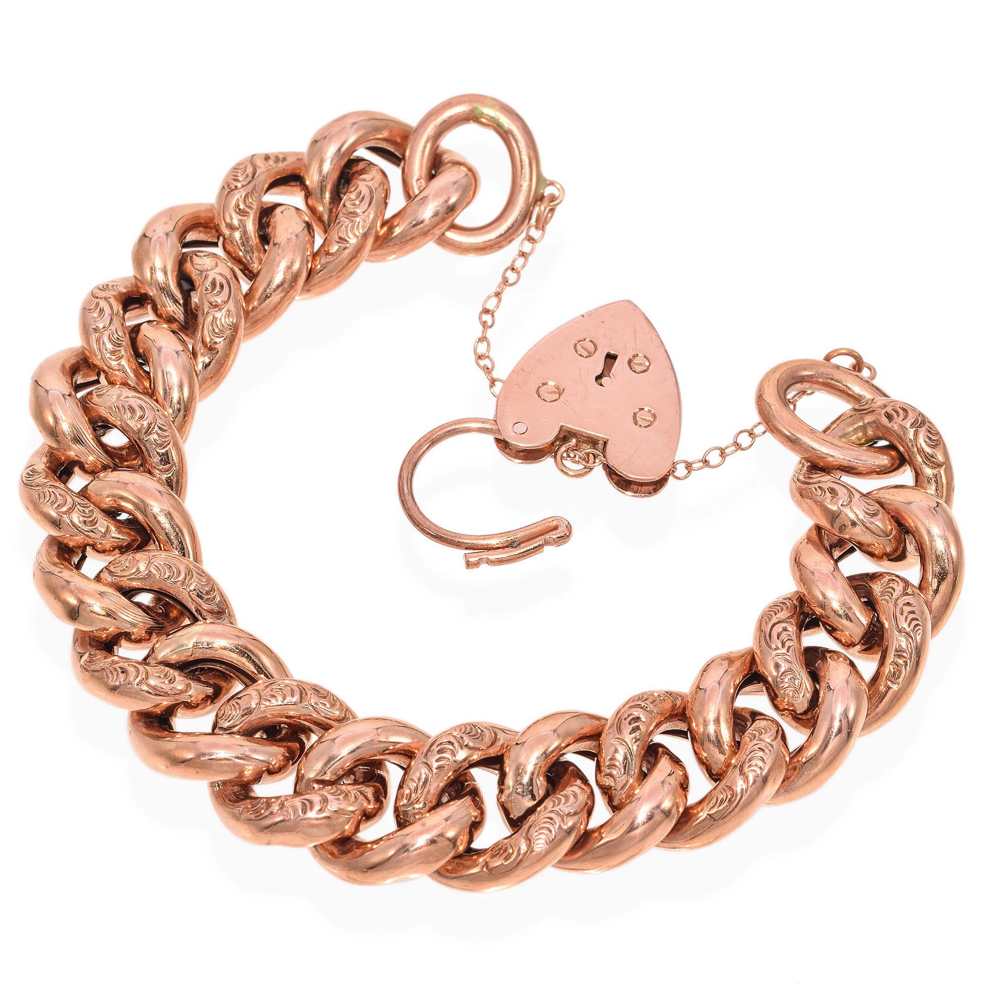 Vintage 9K Rose Gold Curb Chain Bracelet with Heart Padlock Clasp In Good Condition In New York, NY