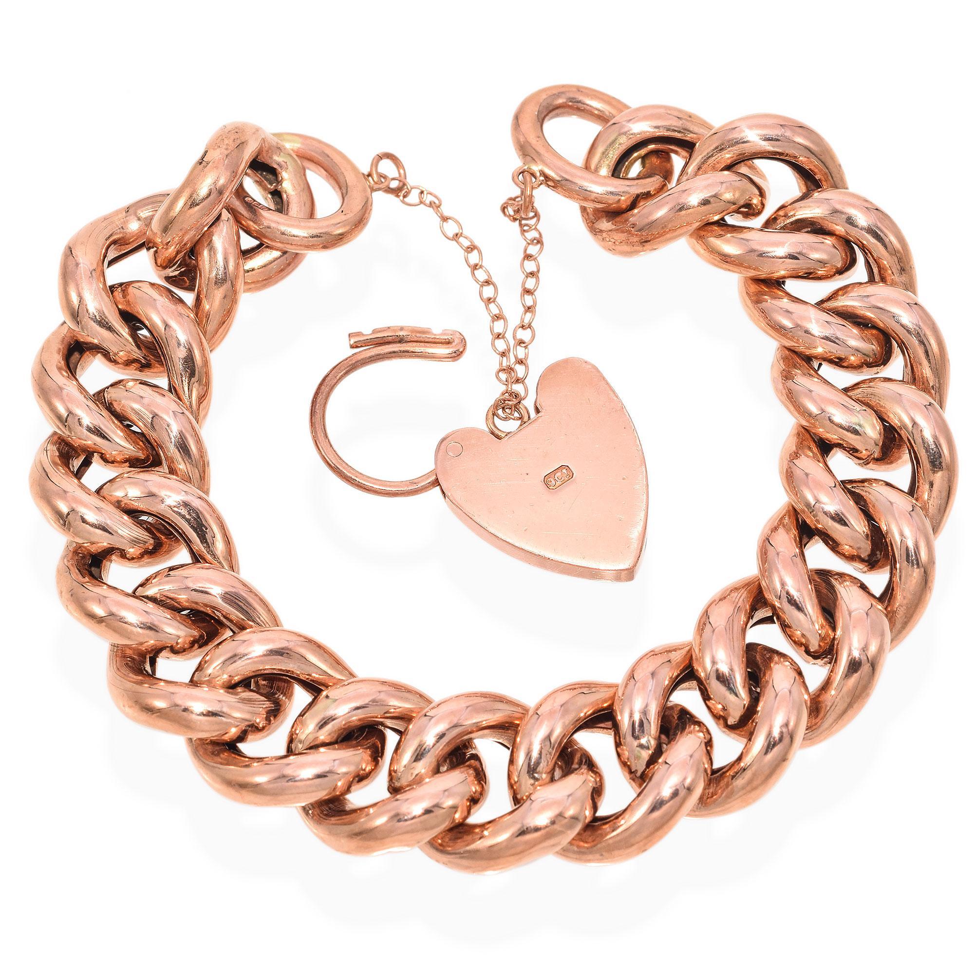 Women's Vintage 9K Rose Gold Curb Chain Bracelet with Heart Padlock Clasp