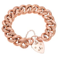 Vintage 9K Rose Gold Curb Chain Bracelet with Heart Padlock Clasp