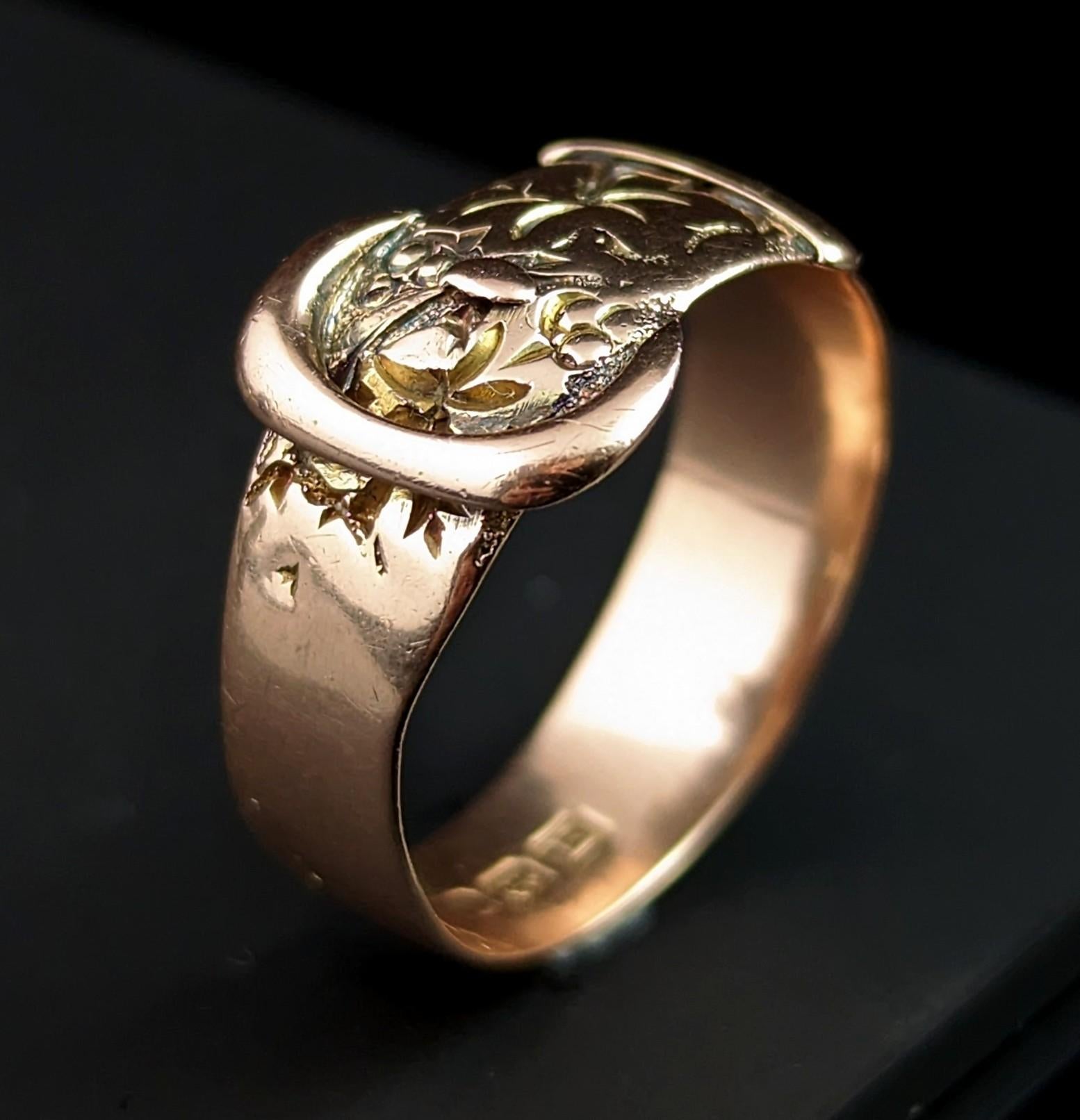 Vintage 9k Rose Gold Engraved Buckle Ring, 1920s 2
