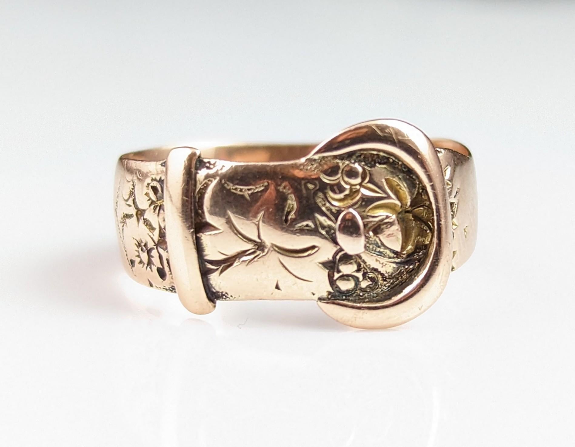 Vintage 9k Rose Gold Engraved Buckle Ring, 1920s 3