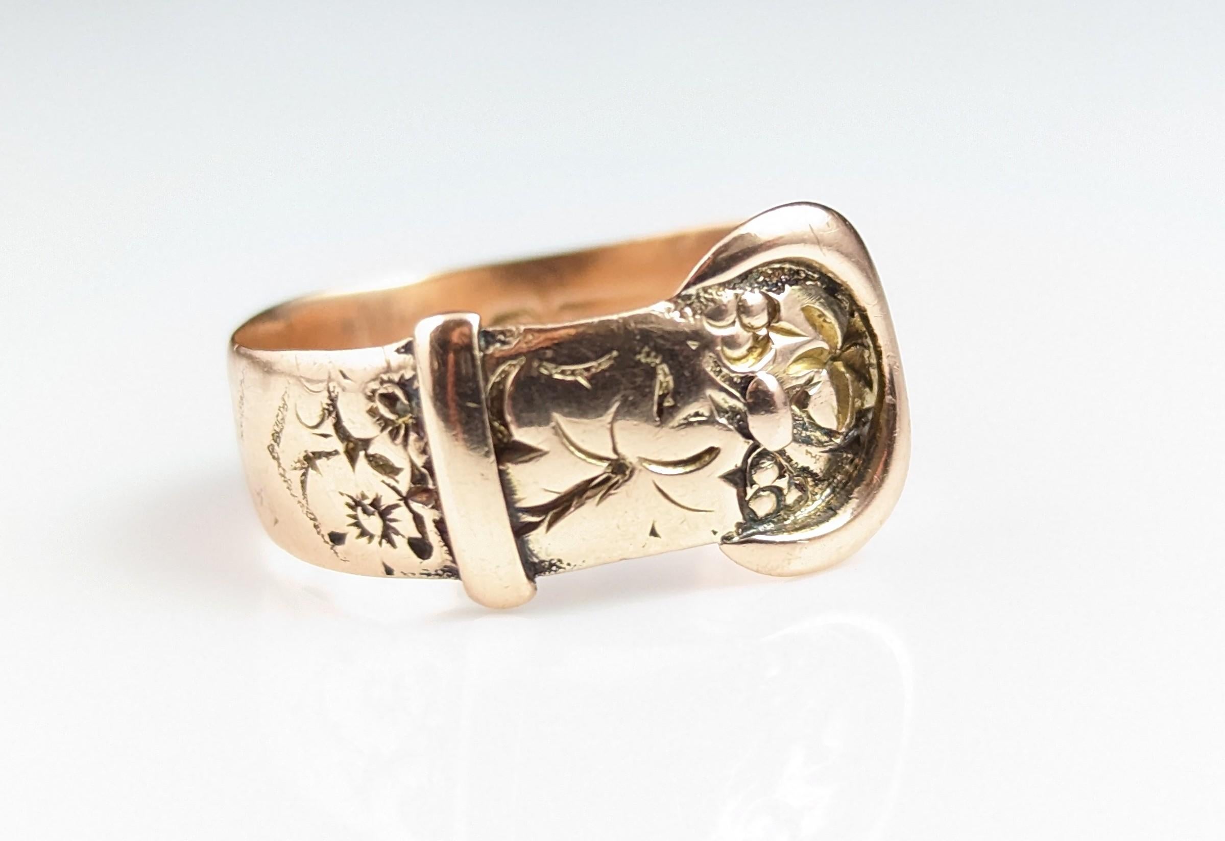Vintage 9k Rose Gold Engraved Buckle Ring, 1920s In Fair Condition In NEWARK, GB